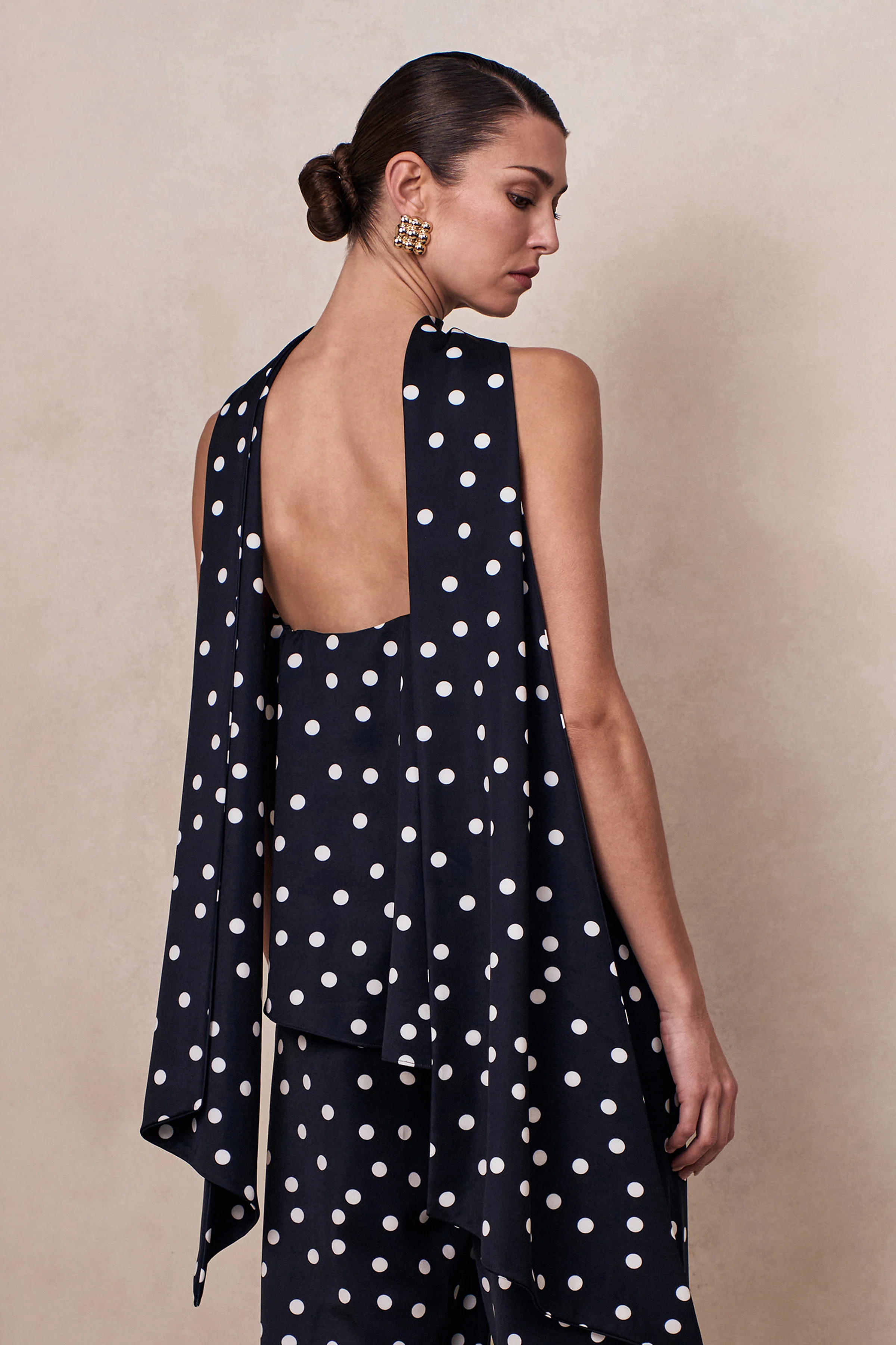 Evandra | Black & White Satin Polka Dot Bandeau Top With Scarf - Image 2
