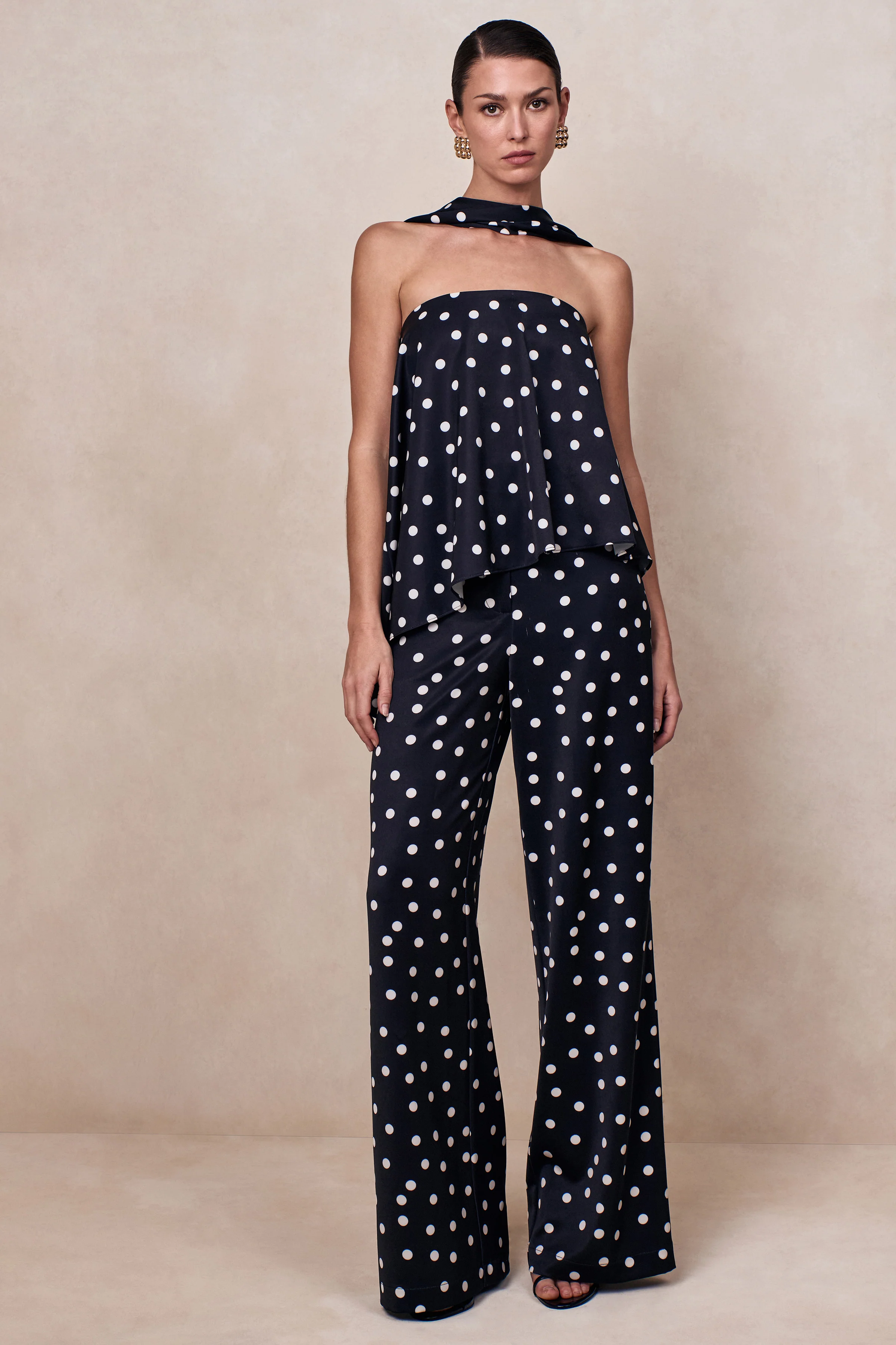 Evandra | Black & White Satin Polka Dot Bandeau Top With Scarf - Image 3