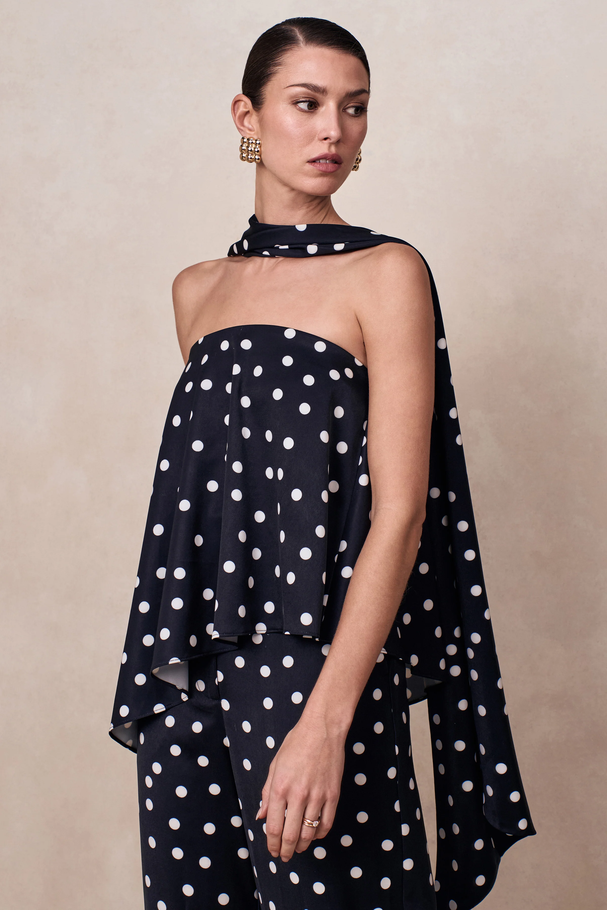 Evandra | Black & White Satin Polka Dot Bandeau Top With Scarf - Image 4