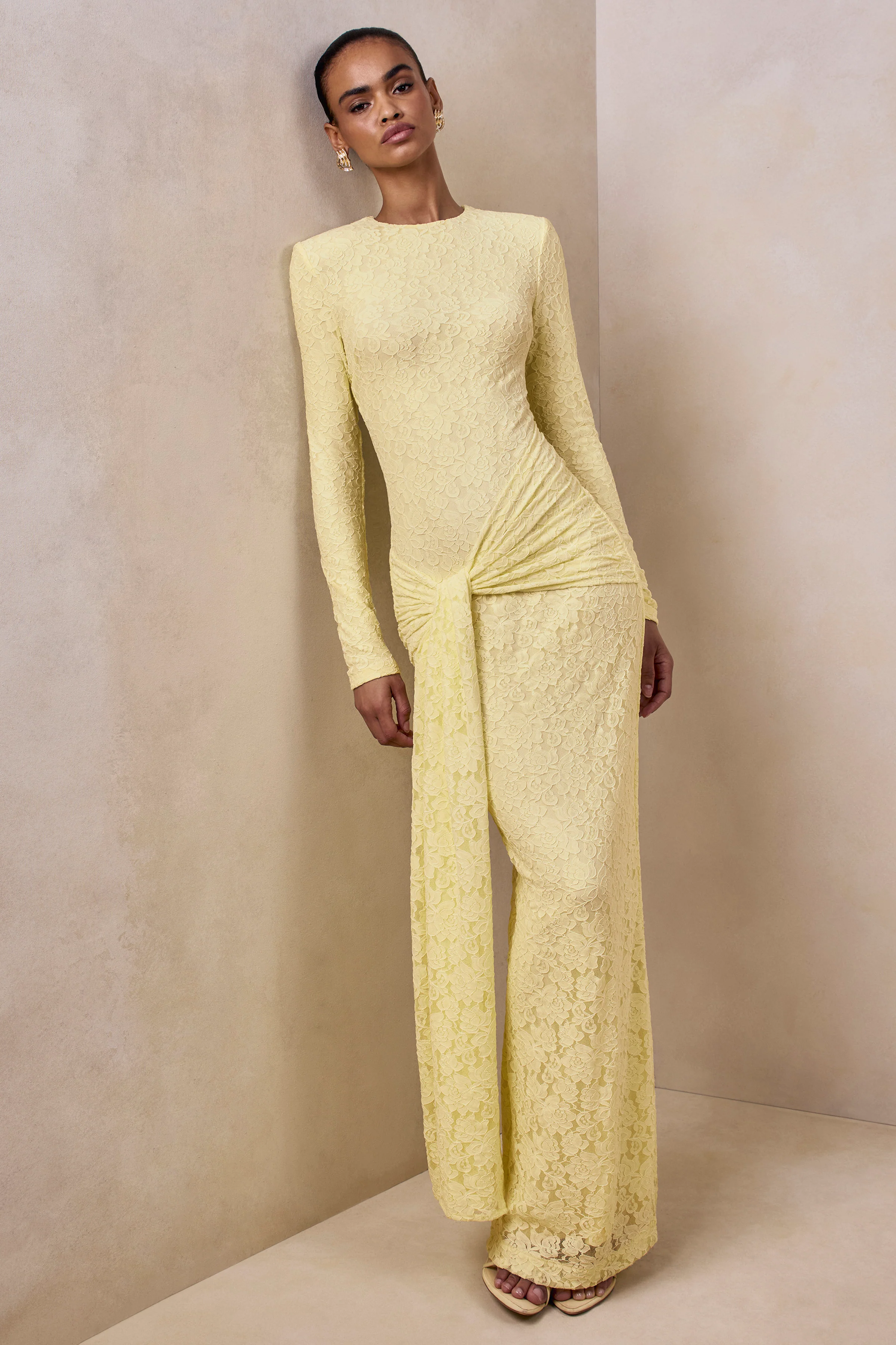 Evangela | Lemon Lace Crew-Neck Maxi Dress With Wrap-Detail - Image 4