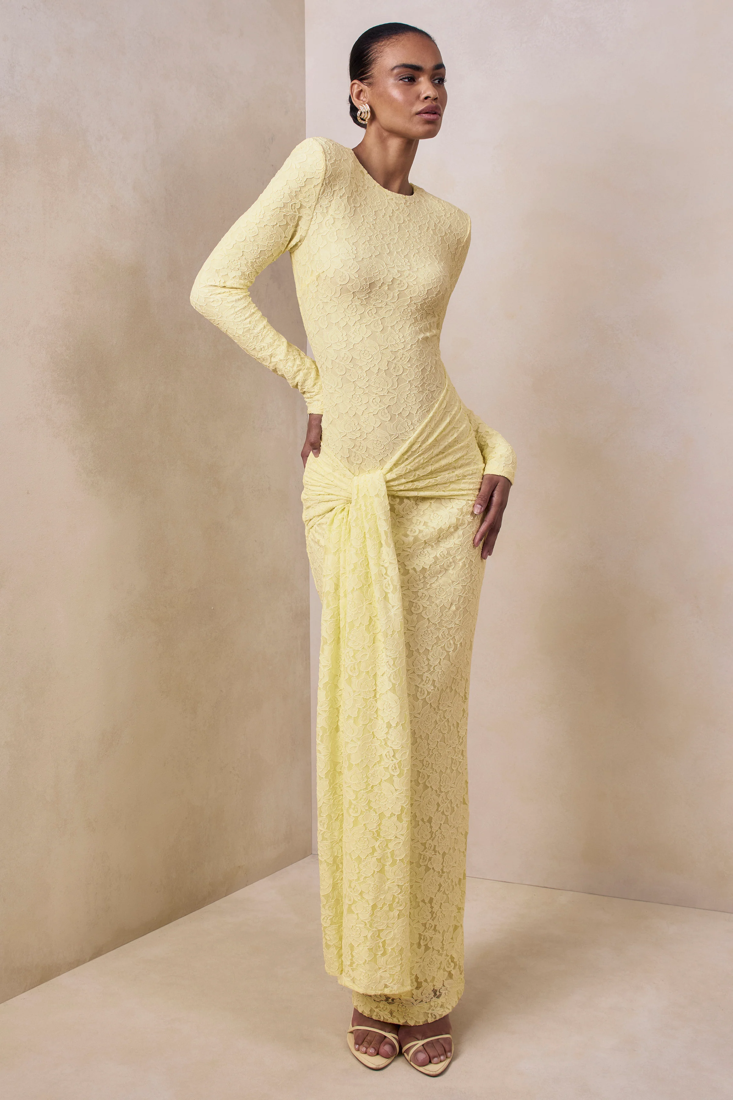 Evangela | Lemon Lace Crew-Neck Maxi Dress With Wrap-Detail - Image 5