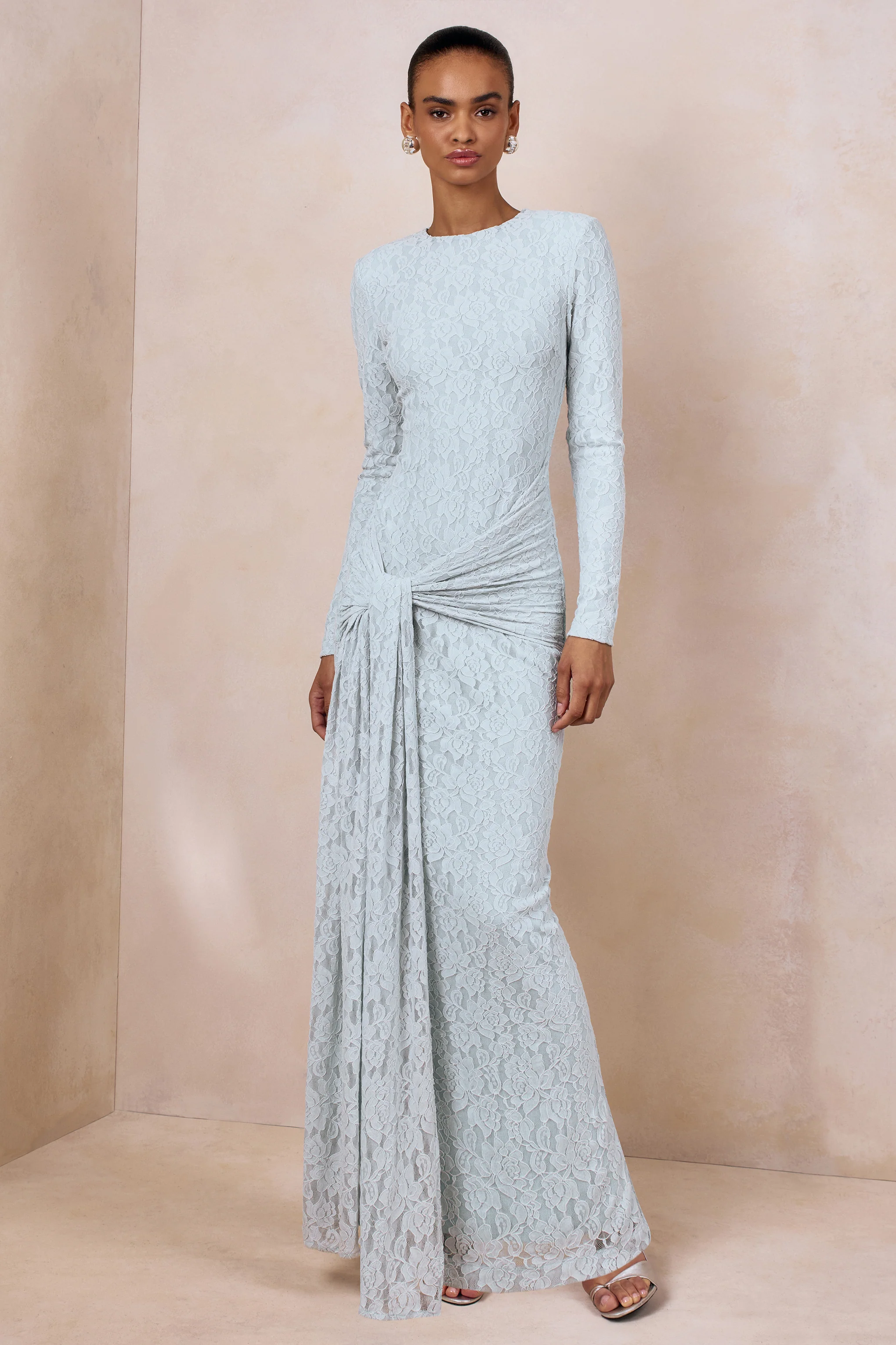 Evangela | Powder Blue Lace Crew-Neck Maxi Dress With Wrap-Detail - Image 5