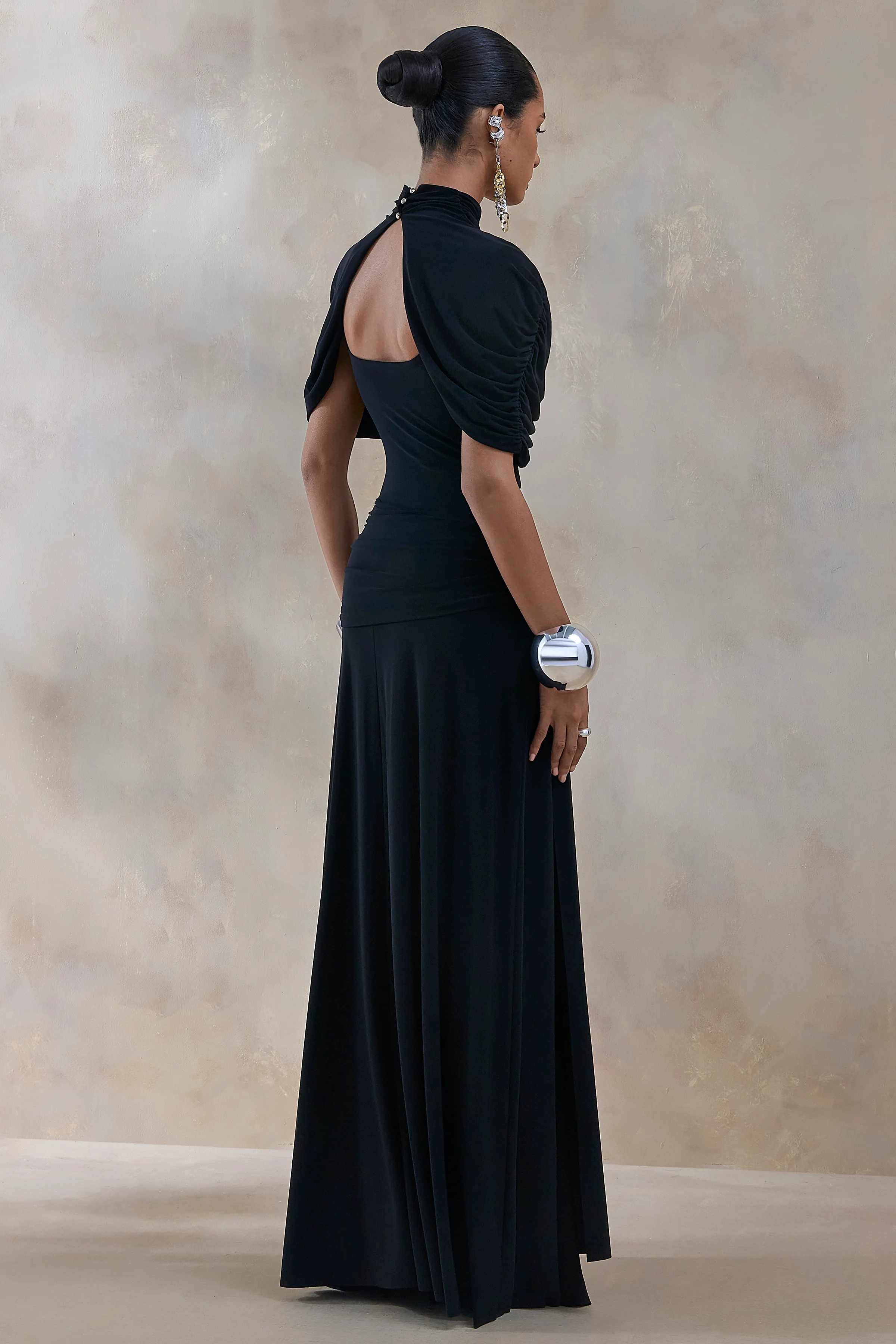 Evelisse | Black High-Neck Maxi Dress With Short-Cape Sleeves - Image 2