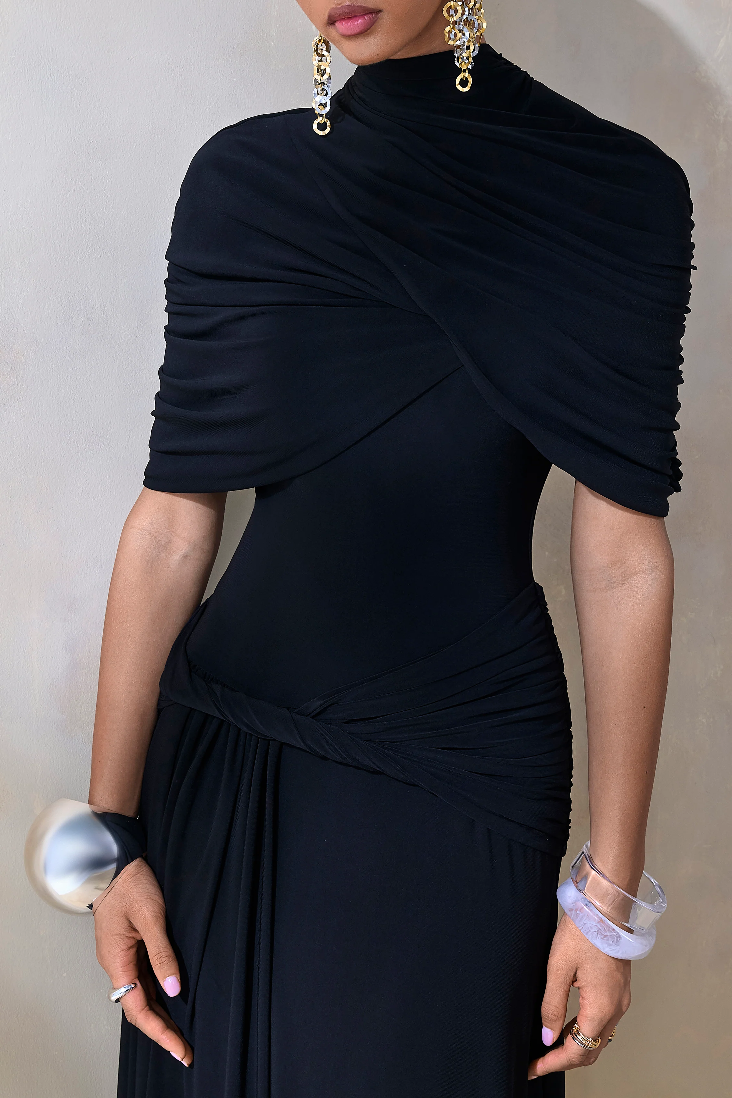 Evelisse | Black High-Neck Maxi Dress With Short-Cape Sleeves - Image 3