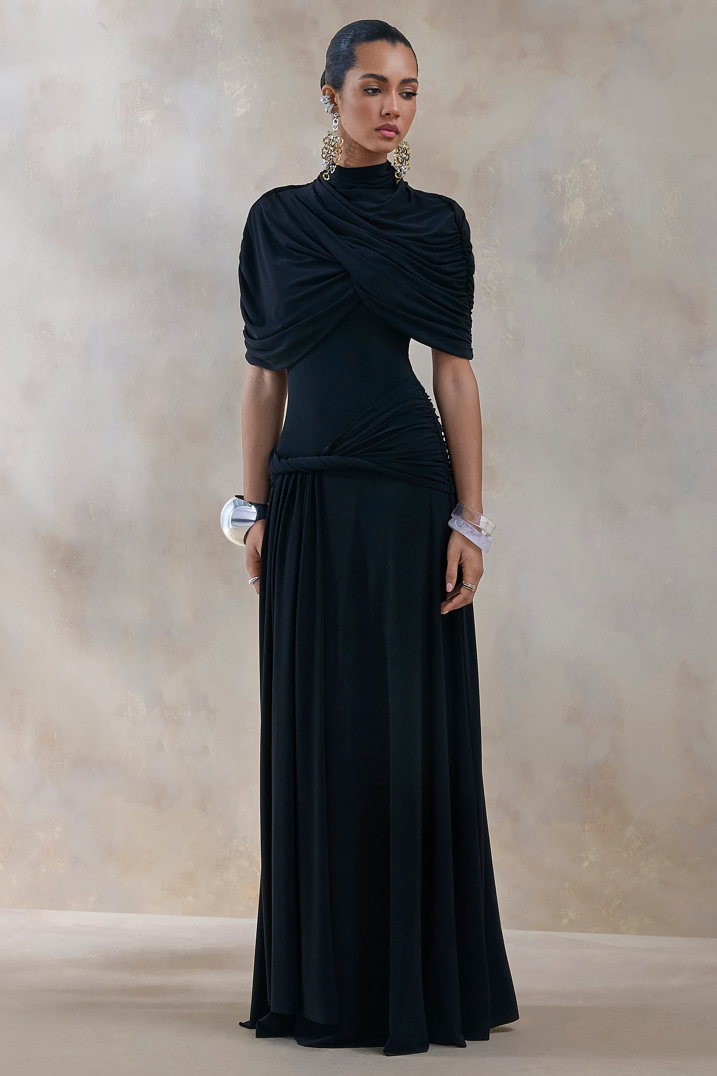 Evelisse | Black High-Neck Maxi Dress With Short-Cape Sleeves - Image 4