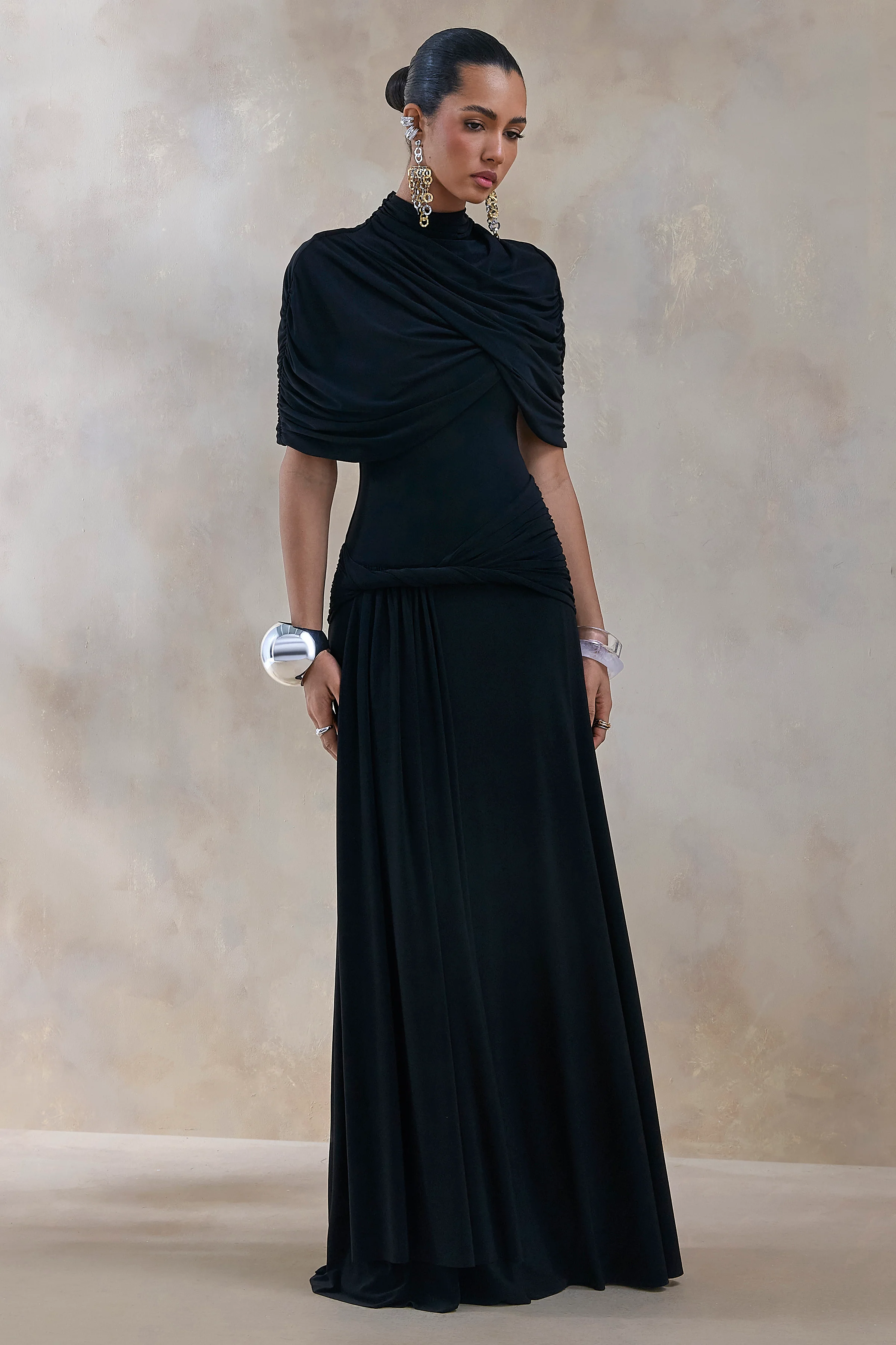 Evelisse | Black High-Neck Maxi Dress With Short-Cape Sleeves - Image 5
