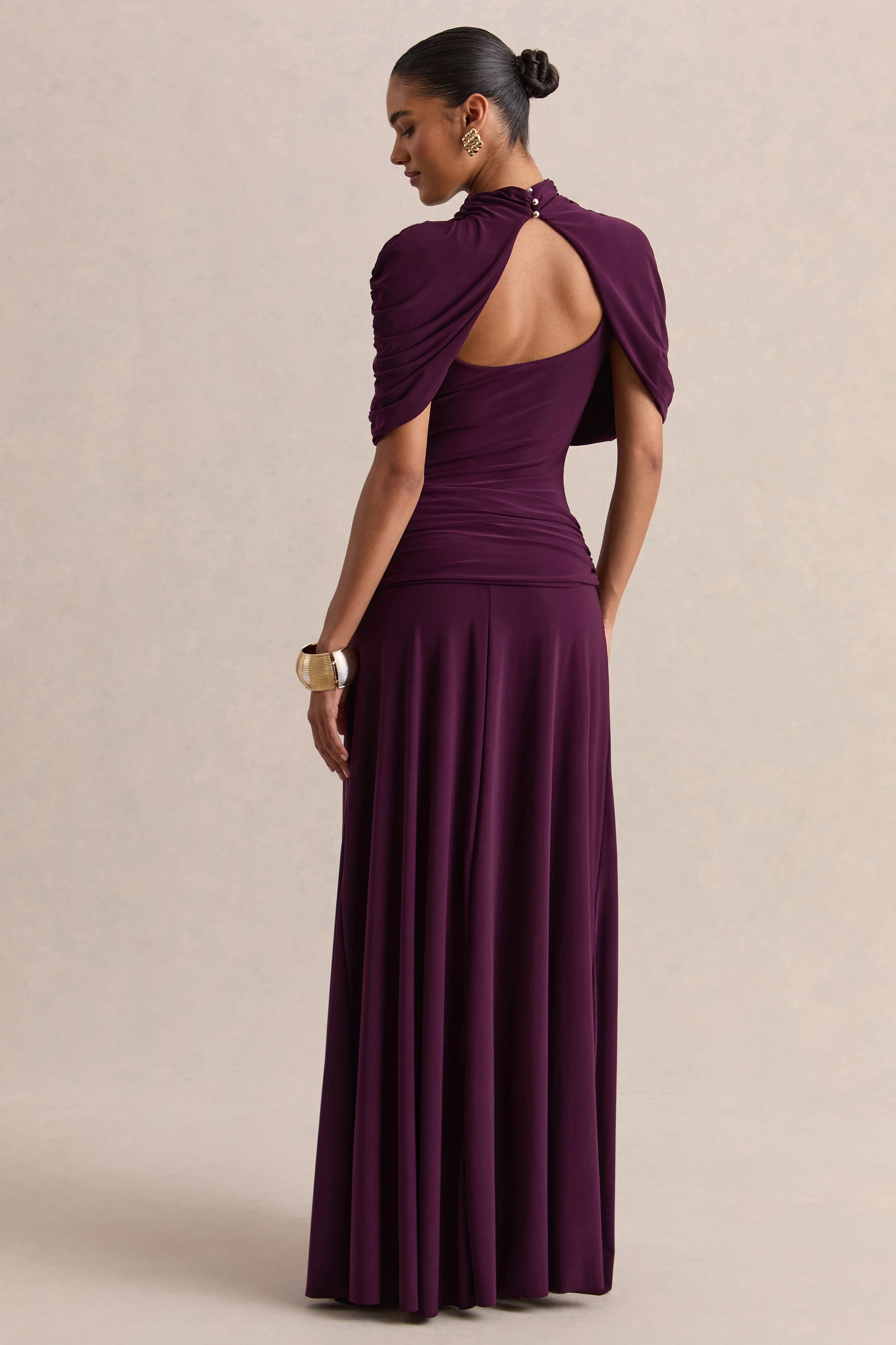 Evelisse | Plum High-Neck Maxi Dress With Short-Cape Sleeves - Image 2