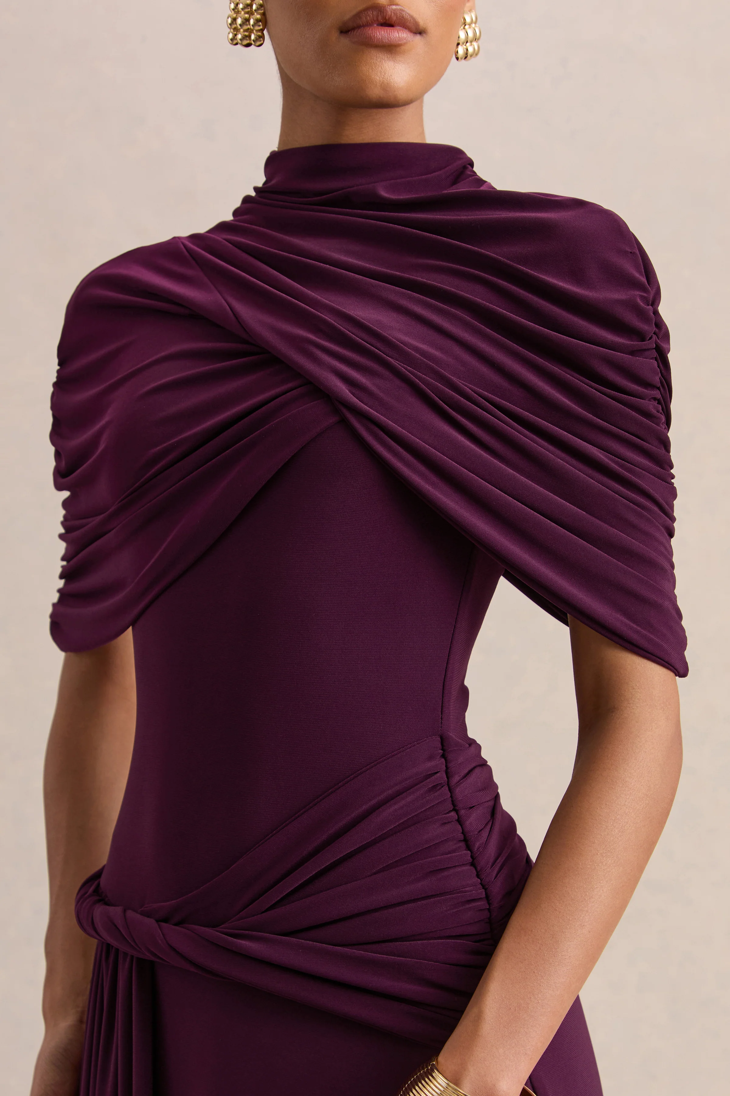 Evelisse | Plum High-Neck Maxi Dress With Short-Cape Sleeves - Image 6