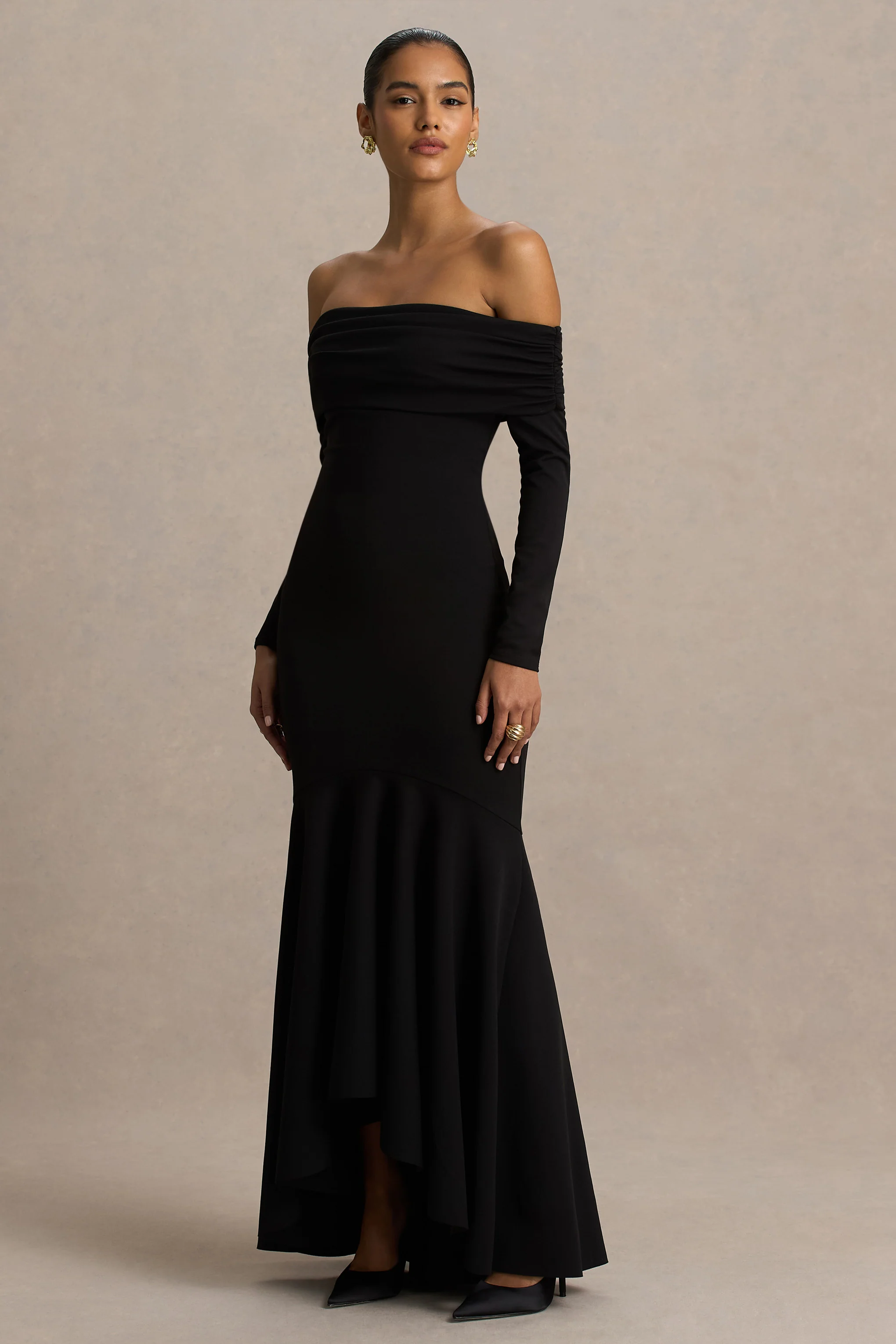Everlasting | Black Bardot-Neck Maxi Dress With Pleated Detailing - Image 3