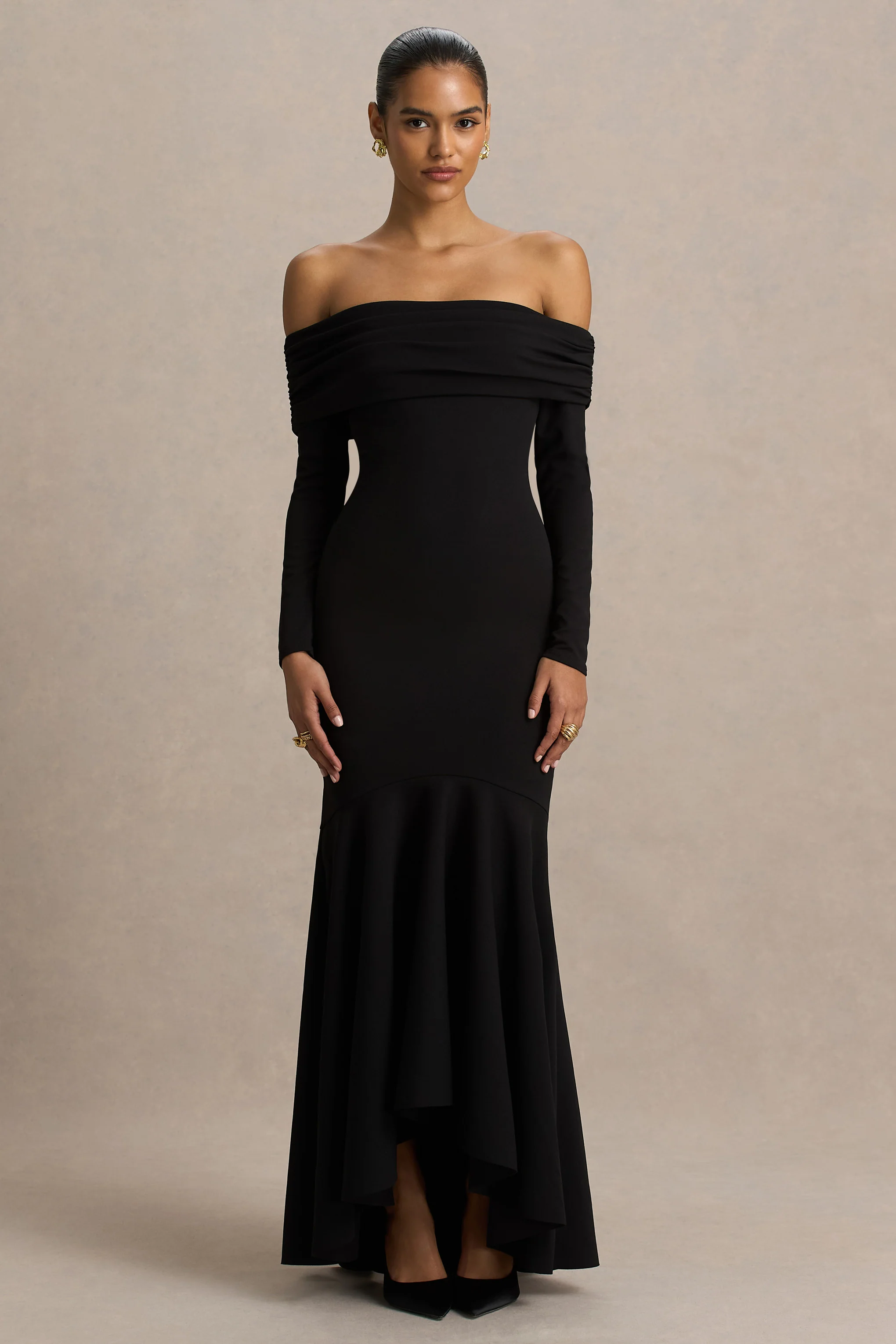 Everlasting | Black Bardot-Neck Maxi Dress With Pleated Detailing - Image 4