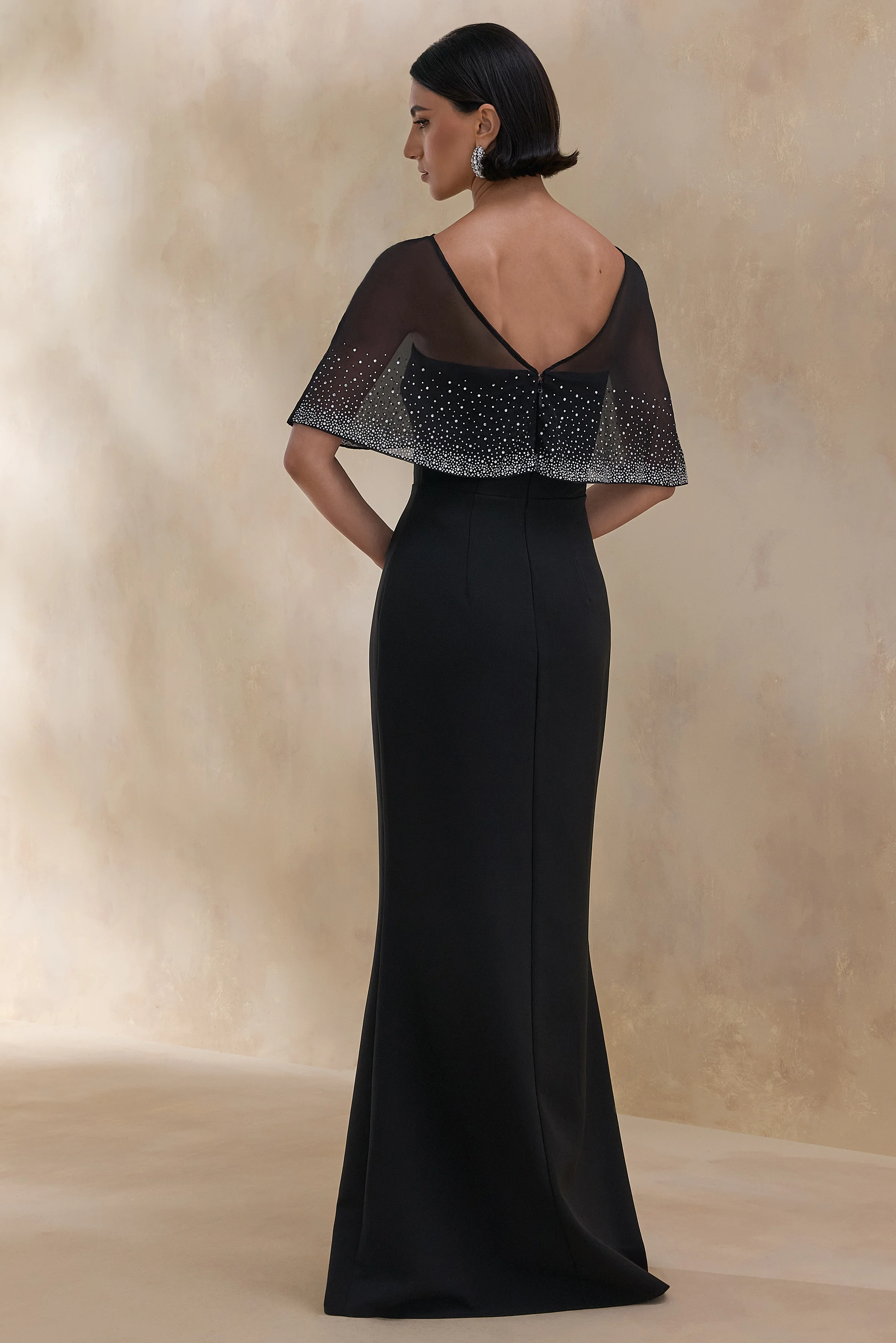 Everly | Black Hand-Embellished Cape-Sleeve Maxi Dress - Image 2