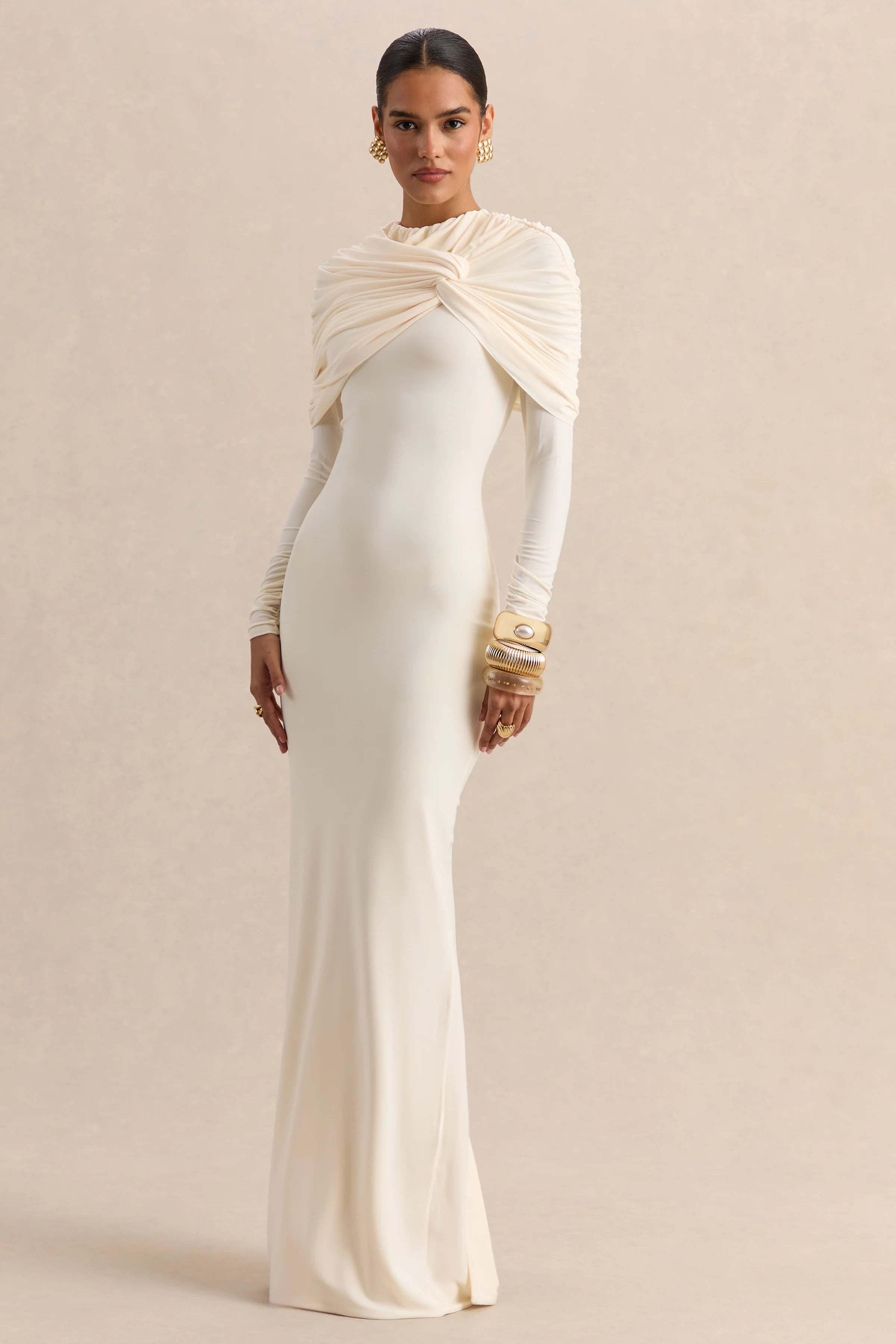 Evessa | Cream High-Neck Maxi Dress With Gathered-Detailing - Image 4
