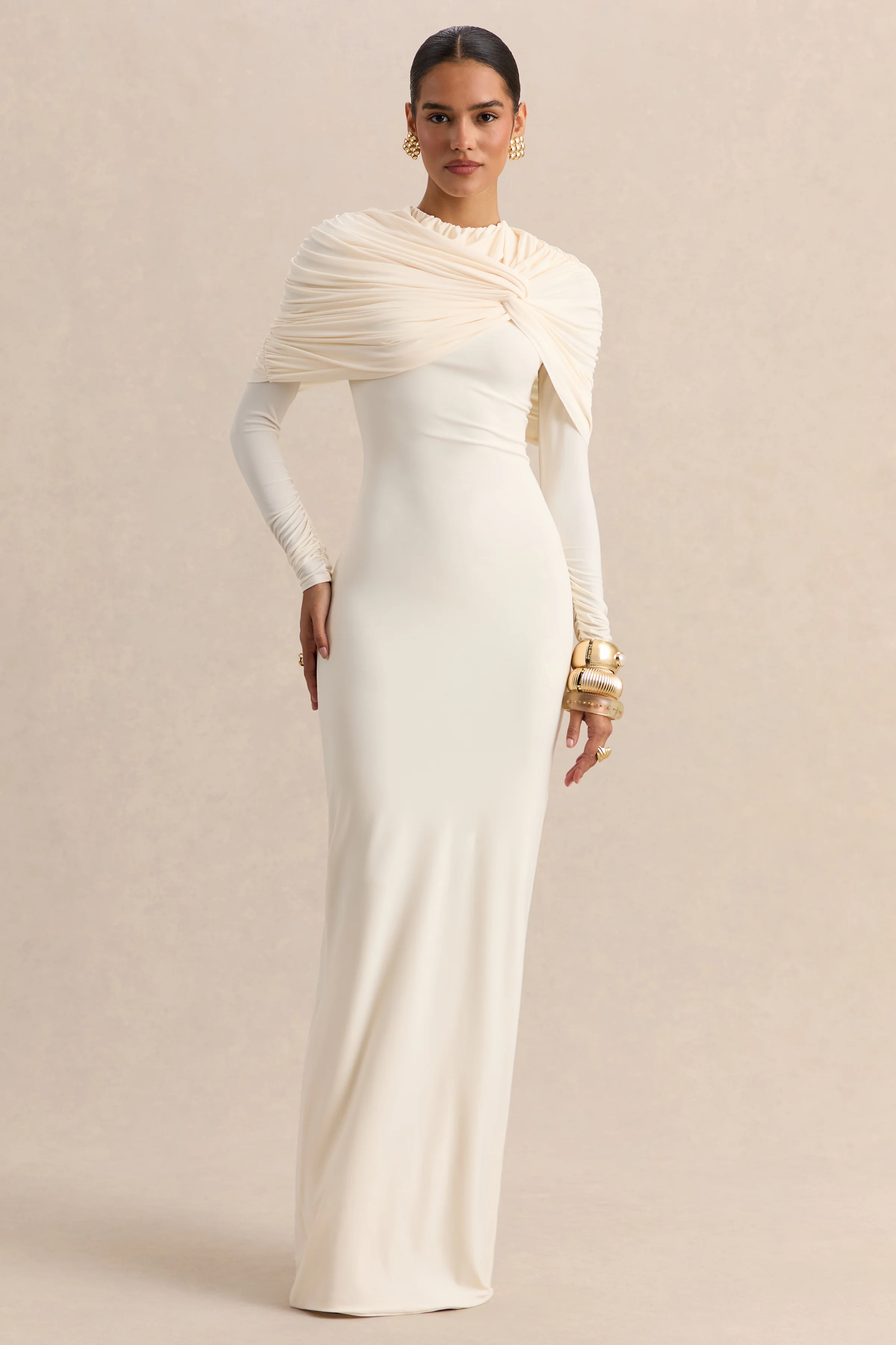 Evessa | Cream High-Neck Maxi Dress With Gathered-Detailing - Image 6