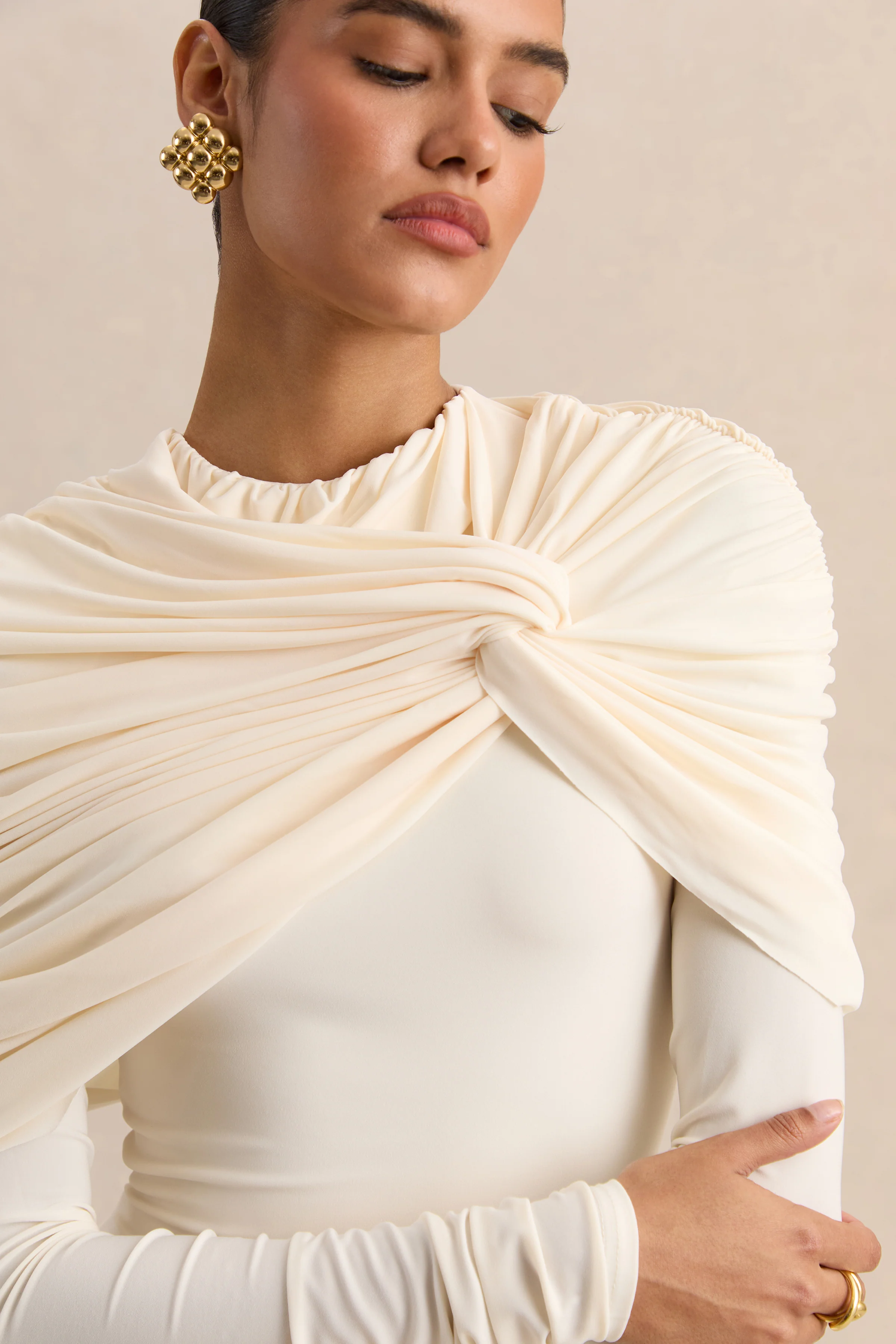 Evessa | Cream High-Neck Maxi Dress With Gathered-Detailing - Image 7
