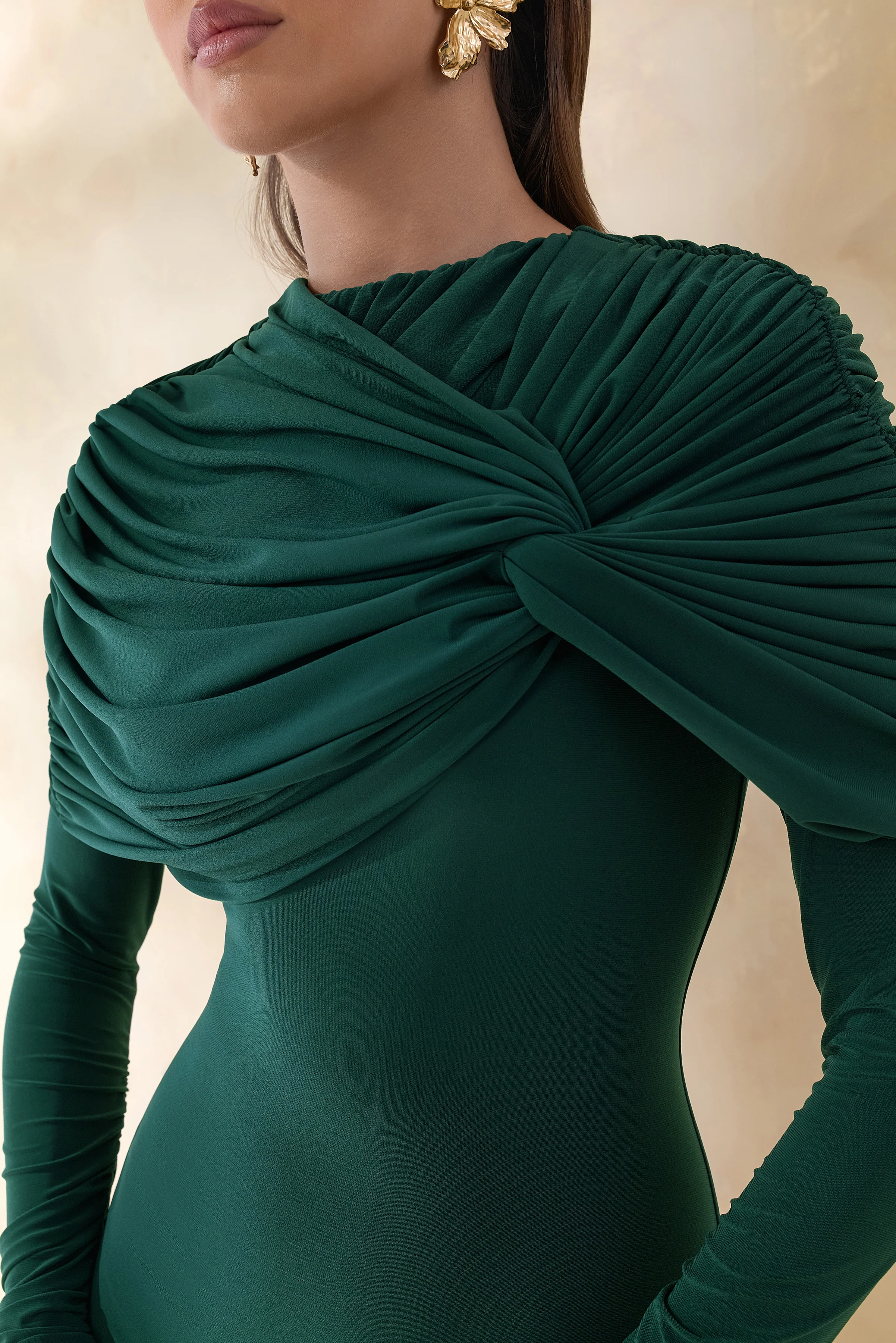Evessa | Dark Green High-Neck Maxi Dress With Gathered-Detailing - Image 7