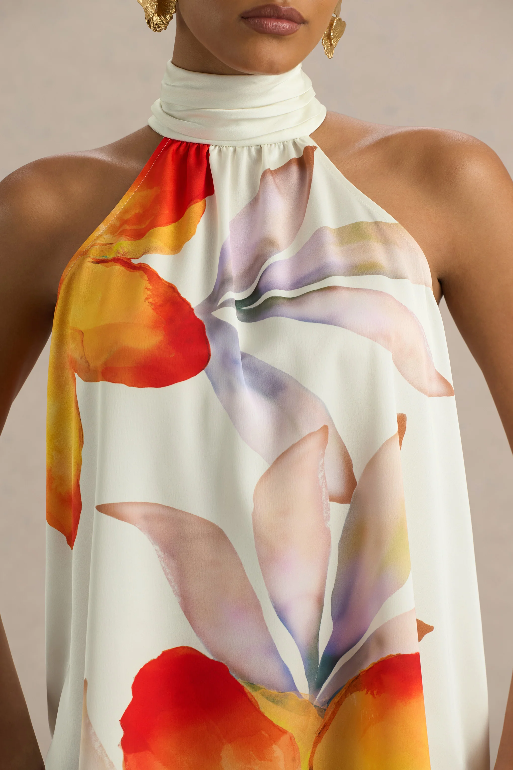 Evita | Orange Floral High-Neck Satin Mini Dress - Image 5