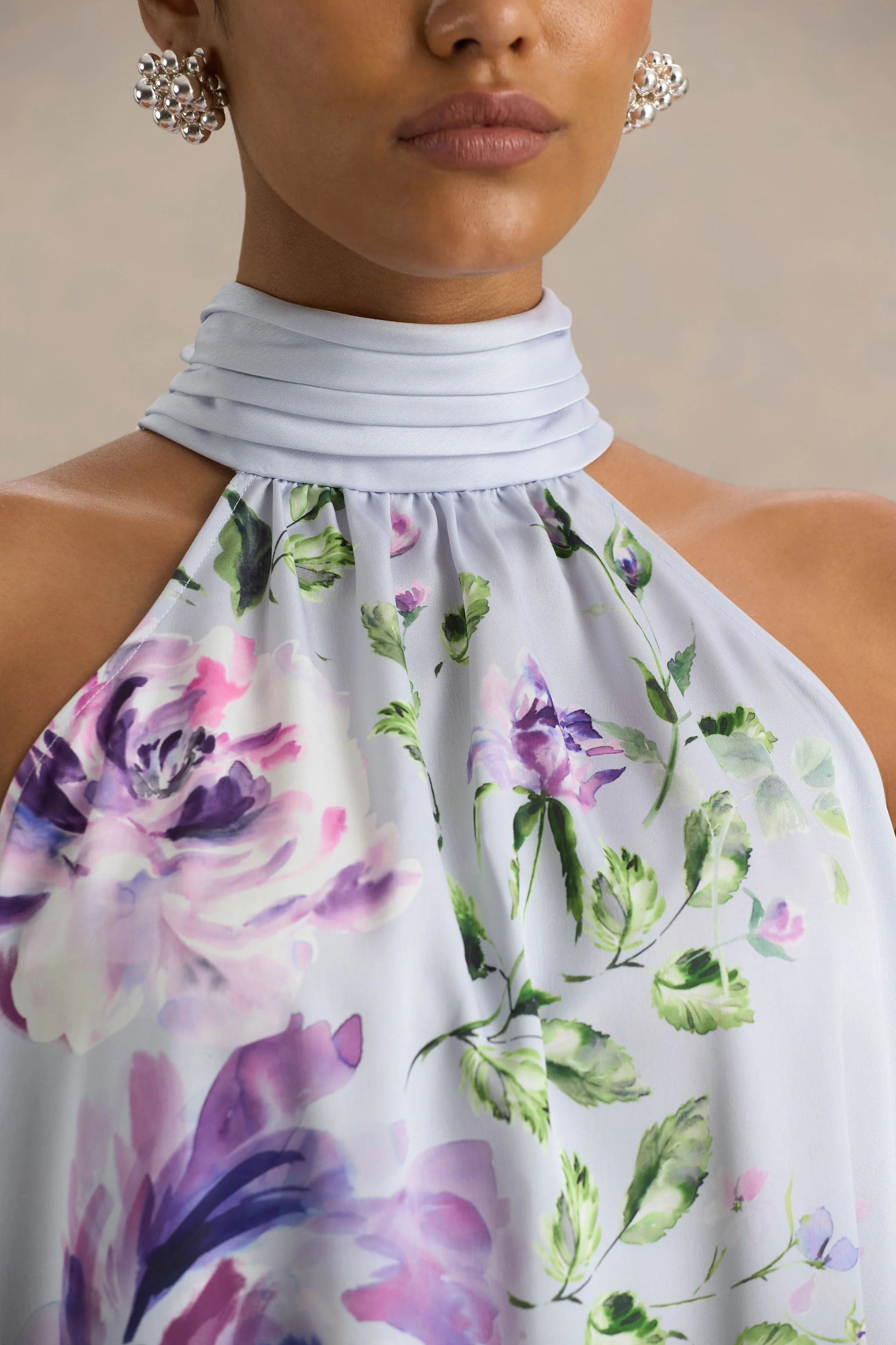Evita | Powder Blue Rose Print High-Neck A-Line Mini Dress With Bow - Image 5