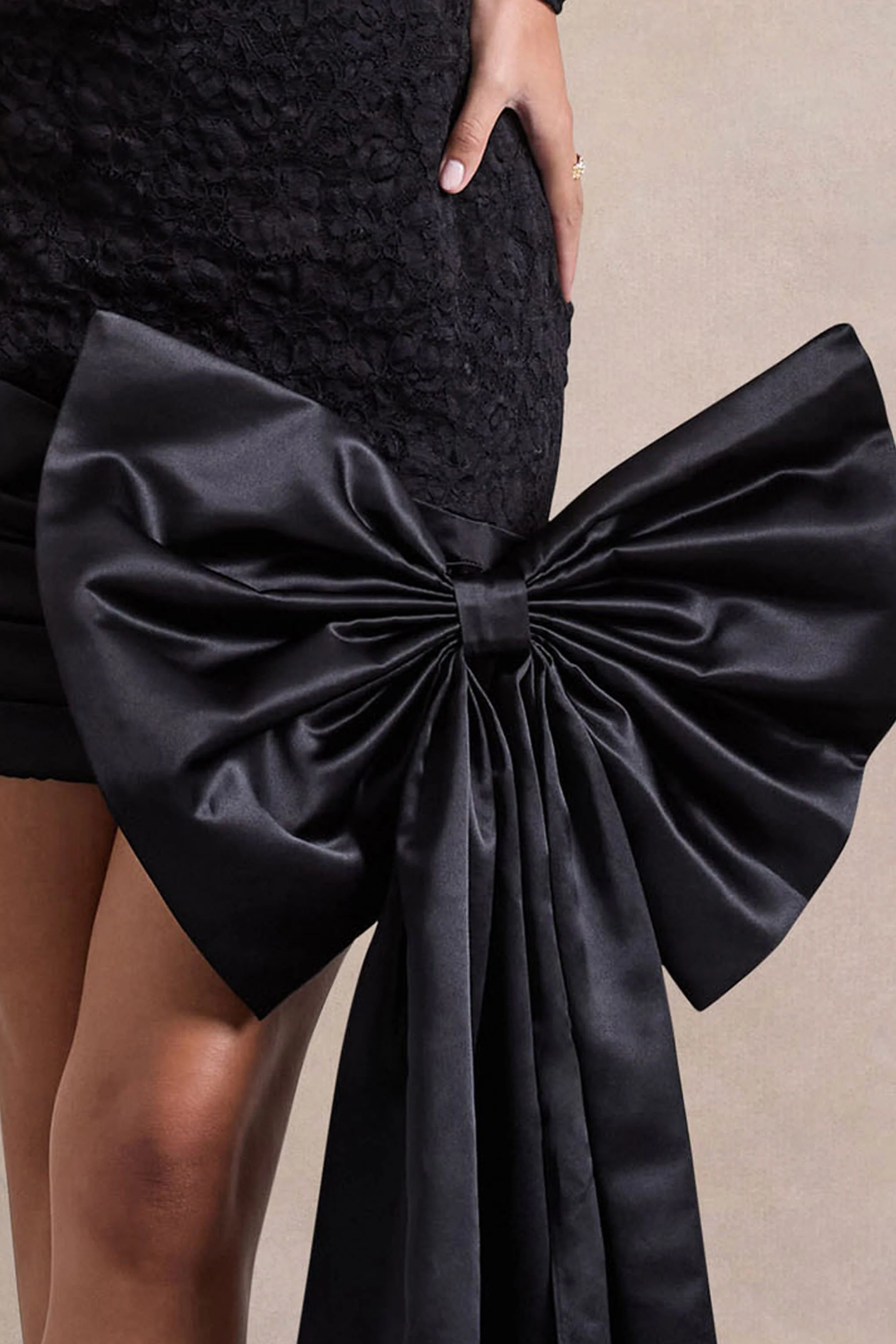 Evry | Black Lace Long-Sleeve Mini Dress With Oversized Satin Bow - Image 5