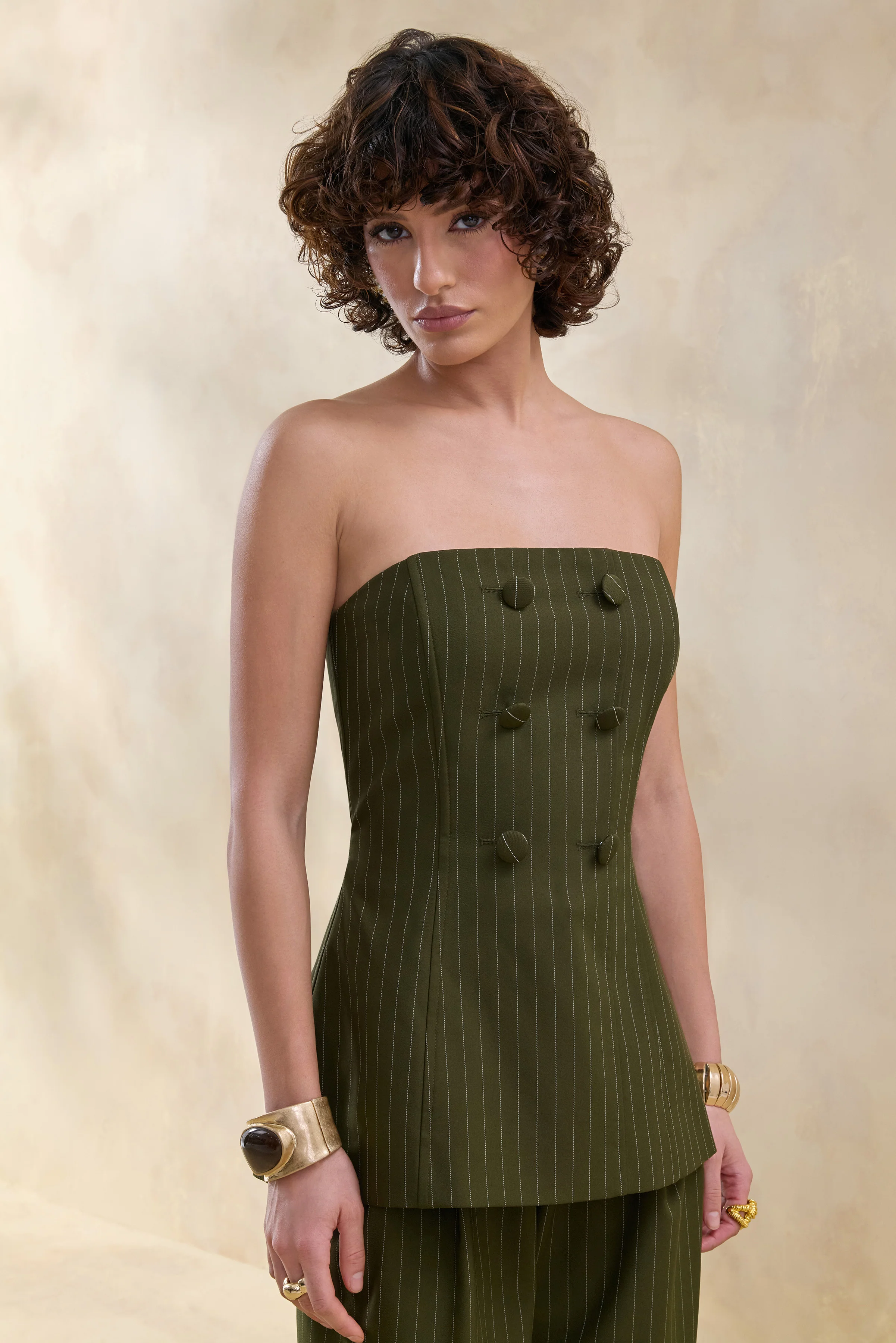 Fable | Olive Pinstripe Bandeau Tailored-Top - Image 4
