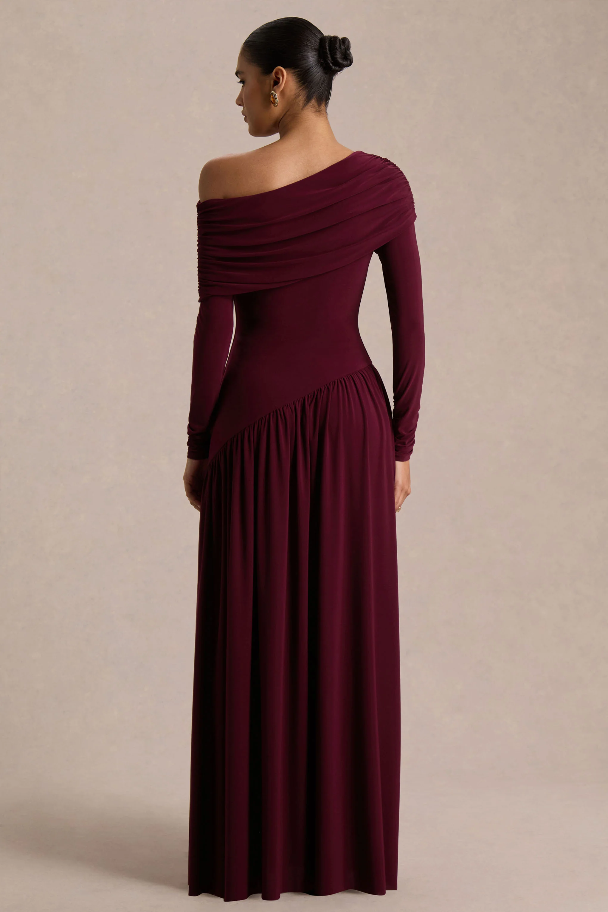 Farah | Burgundy Asymmetric-Neck Maxi Dress With Drop Waist And Ruched Detailing - Image 2