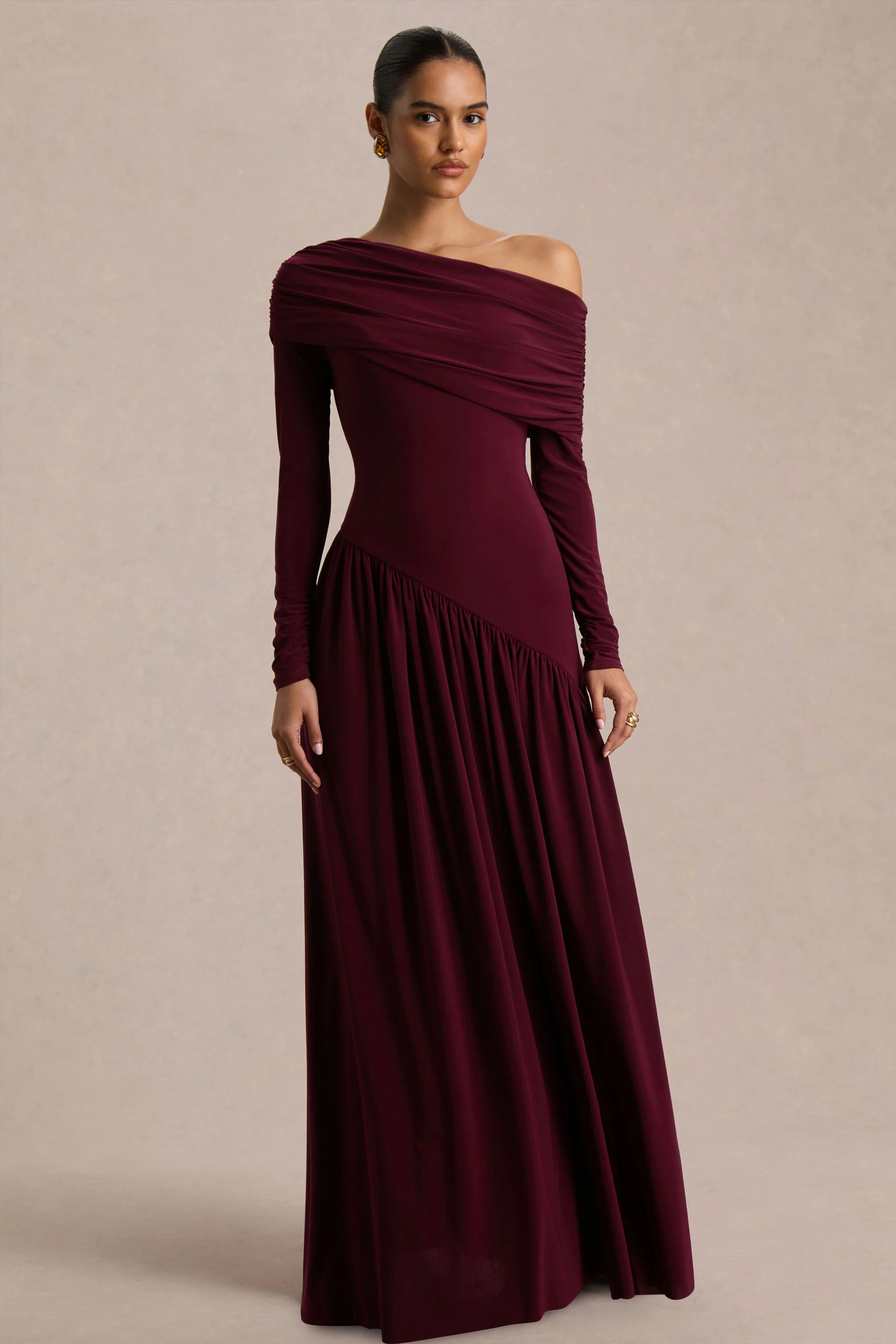 Farah | Burgundy Asymmetric-Neck Maxi Dress With Drop Waist And Ruched Detailing - Image 4