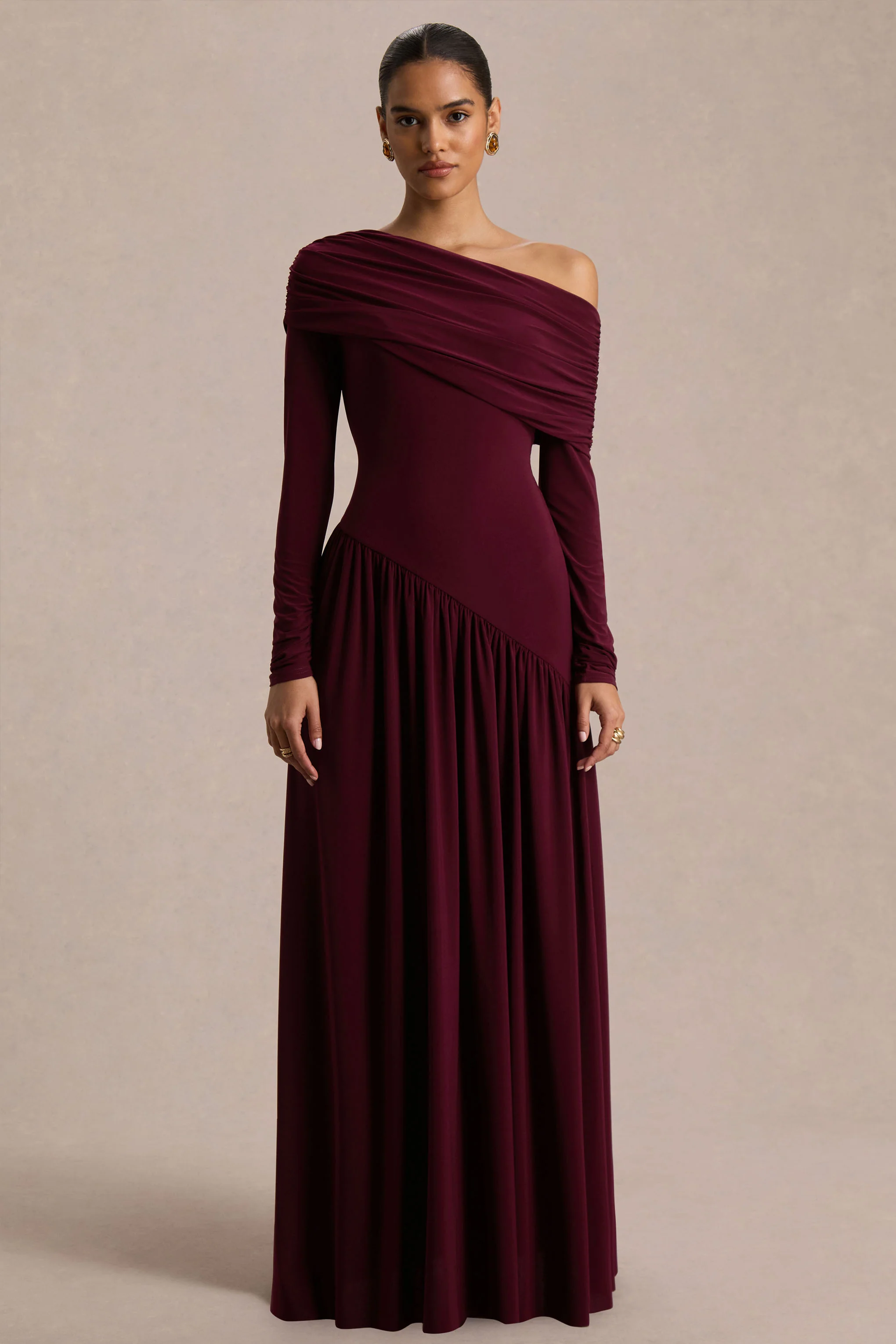 Farah | Burgundy Asymmetric-Neck Maxi Dress With Drop Waist And Ruched Detailing - Image 5