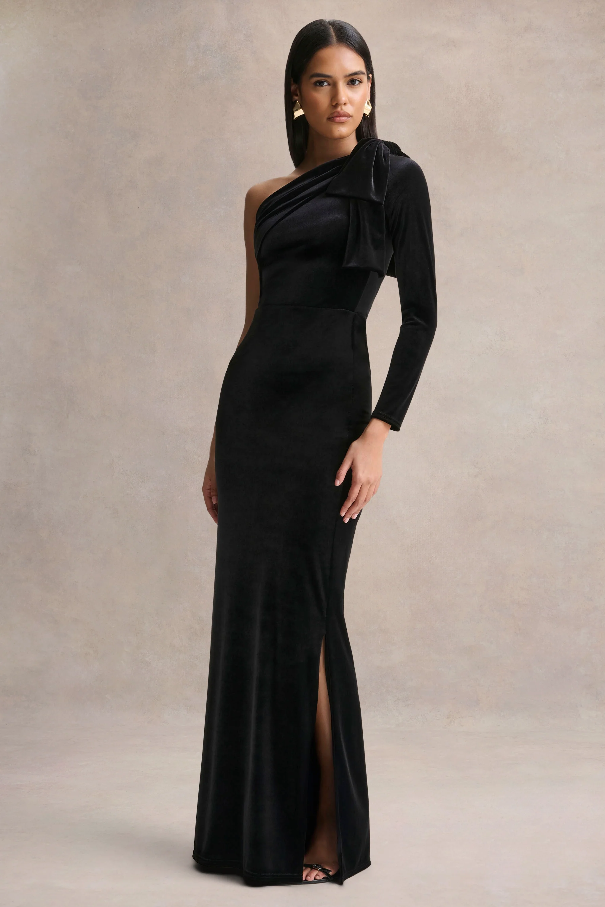 Farryn | Black Asymmetric-Neck Maxi Dress With Bow Detail - Image 4