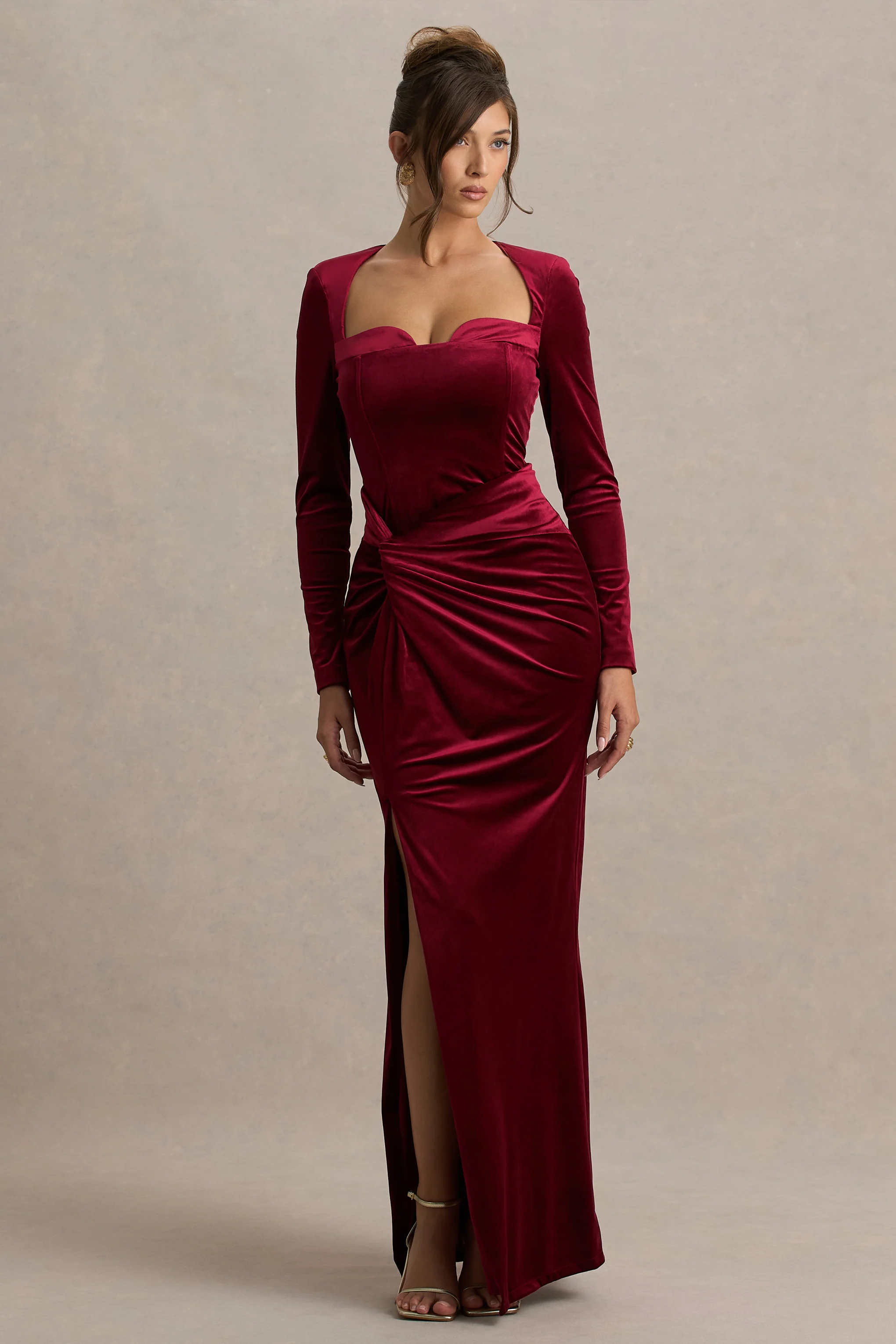 Fay | Berry Velvet Corset Style Knot Maxi Dress - Image 5