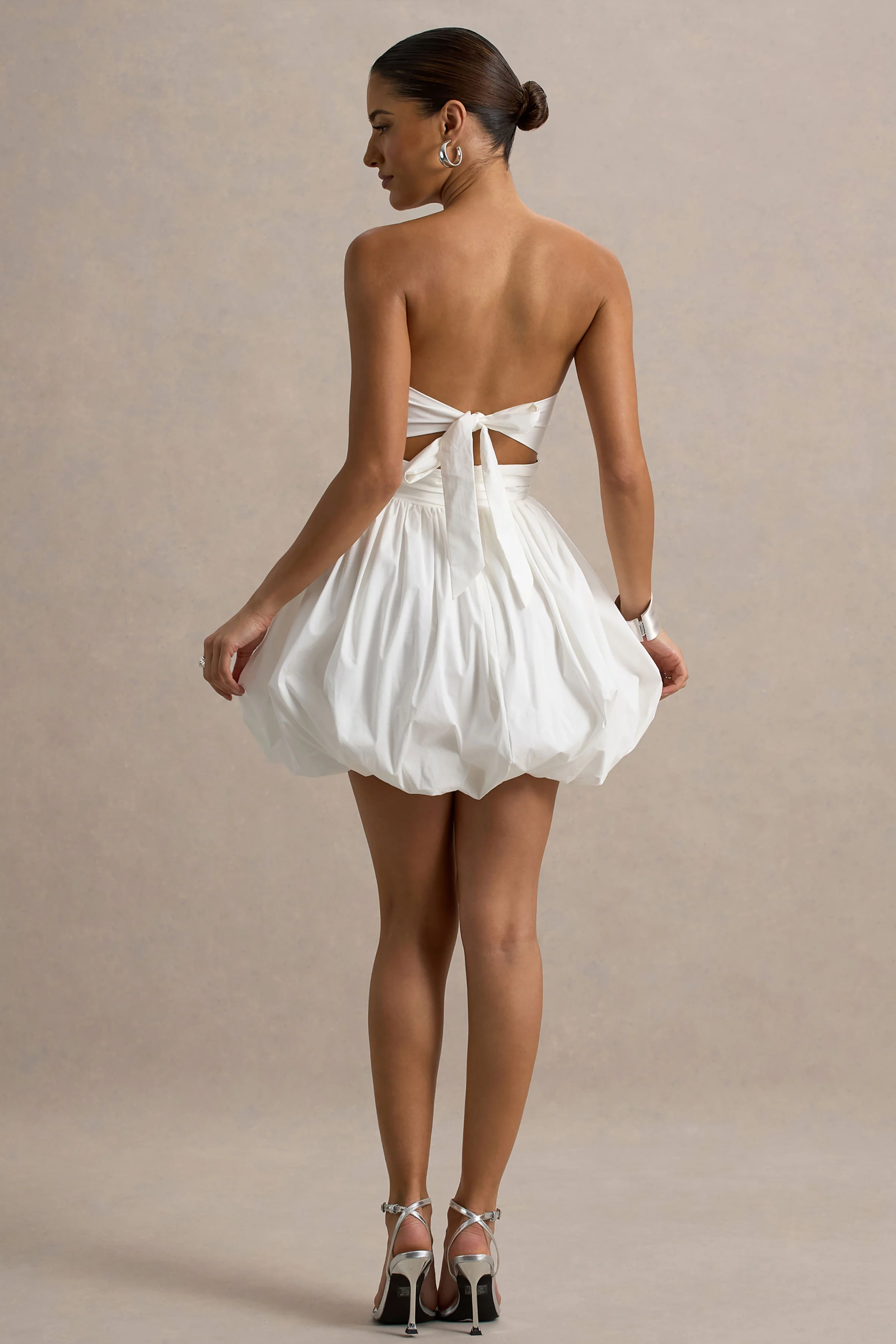 Faye | White Puff Ball Bandeau Micro Mini Dress With Ruching Details - Image 2