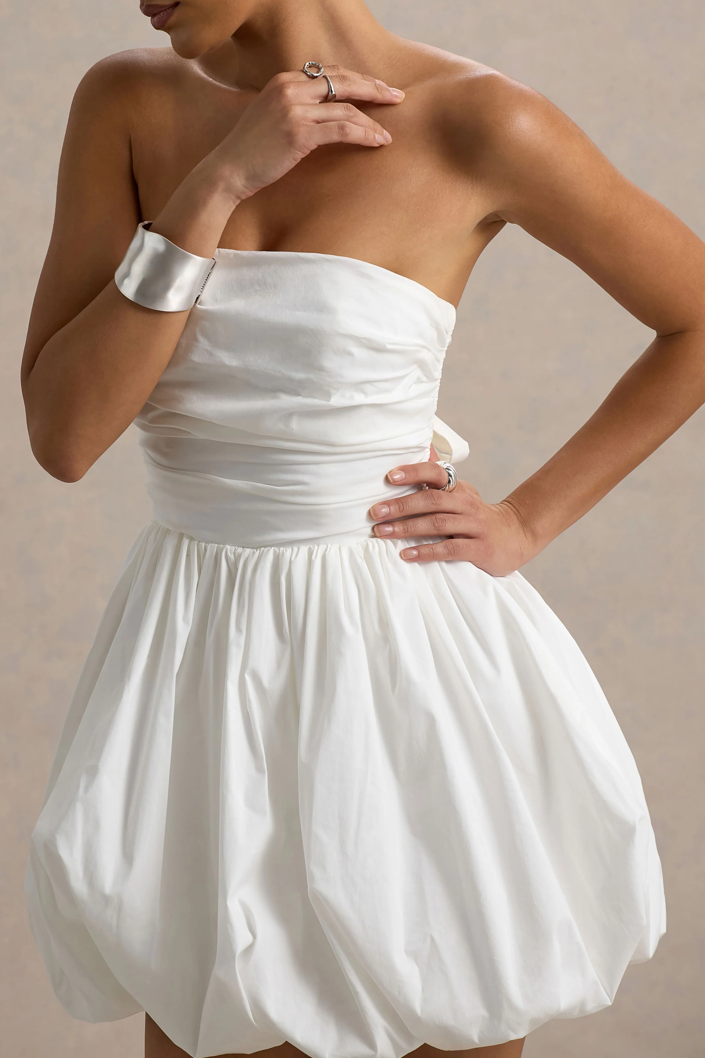 Faye | White Puff Ball Bandeau Micro Mini Dress With Ruching Details - Image 3
