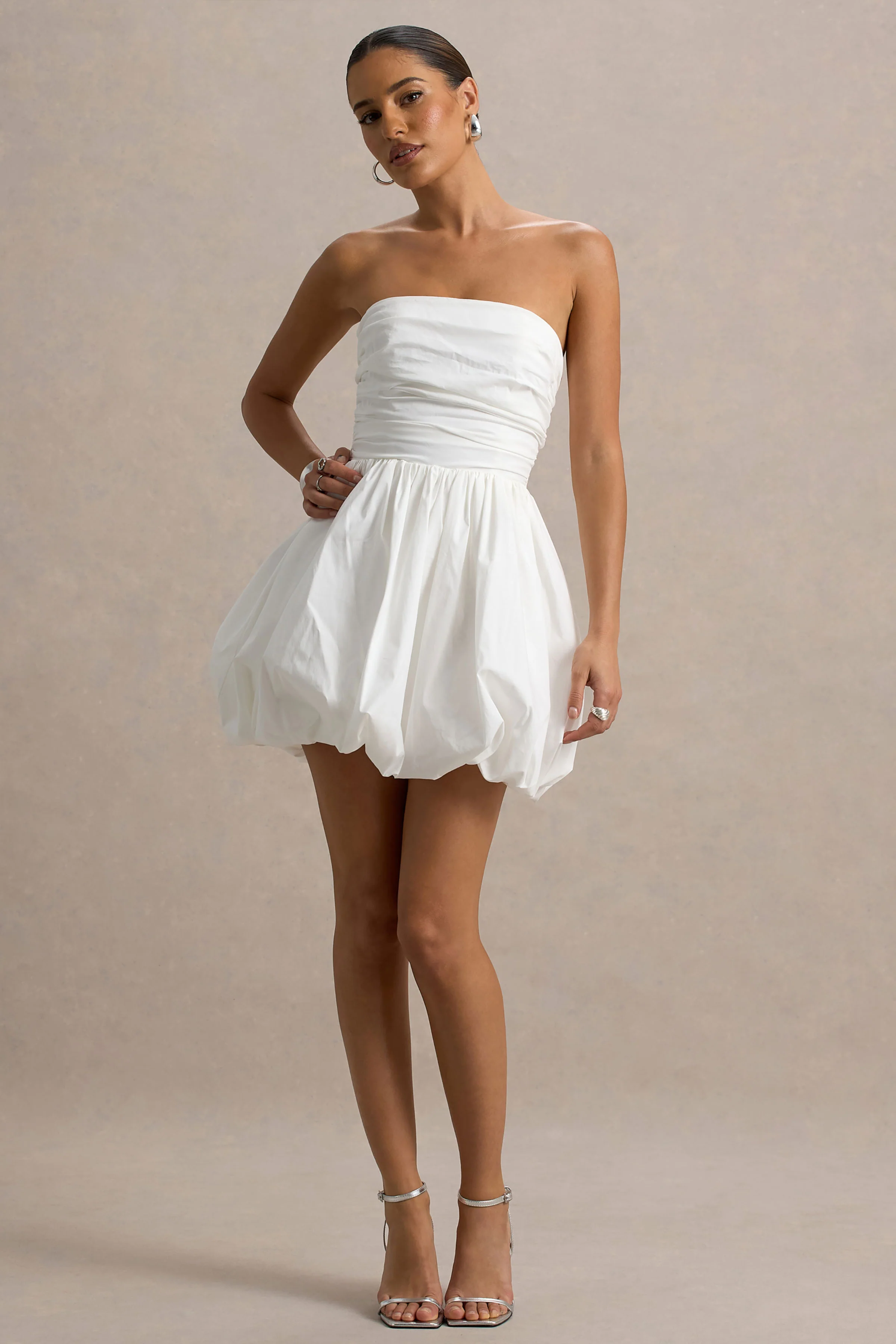 Faye | White Puff Ball Bandeau Micro Mini Dress With Ruching Details - Image 5
