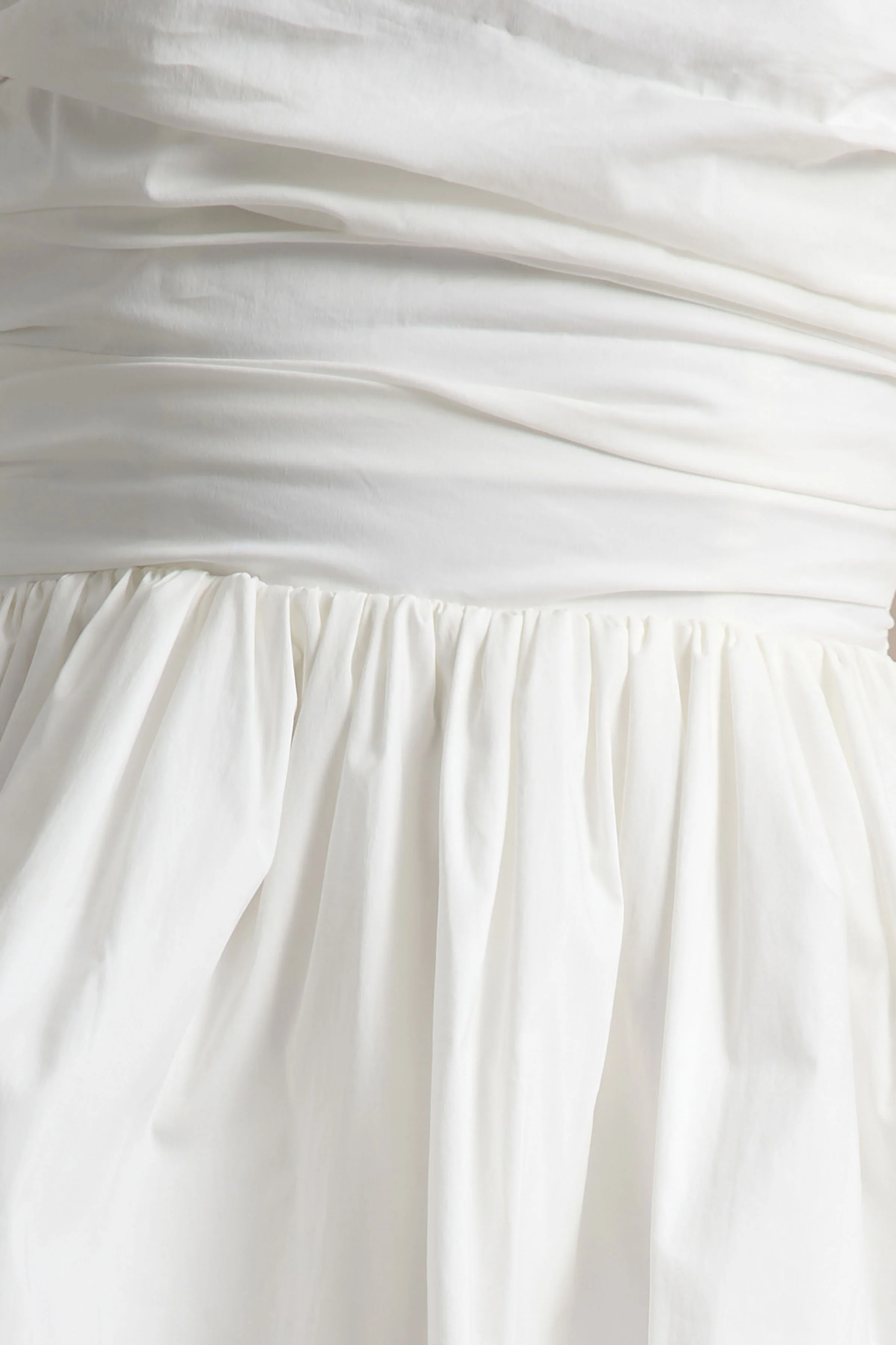 Faye | White Puff Ball Bandeau Micro Mini Dress With Ruching Details - Image 6