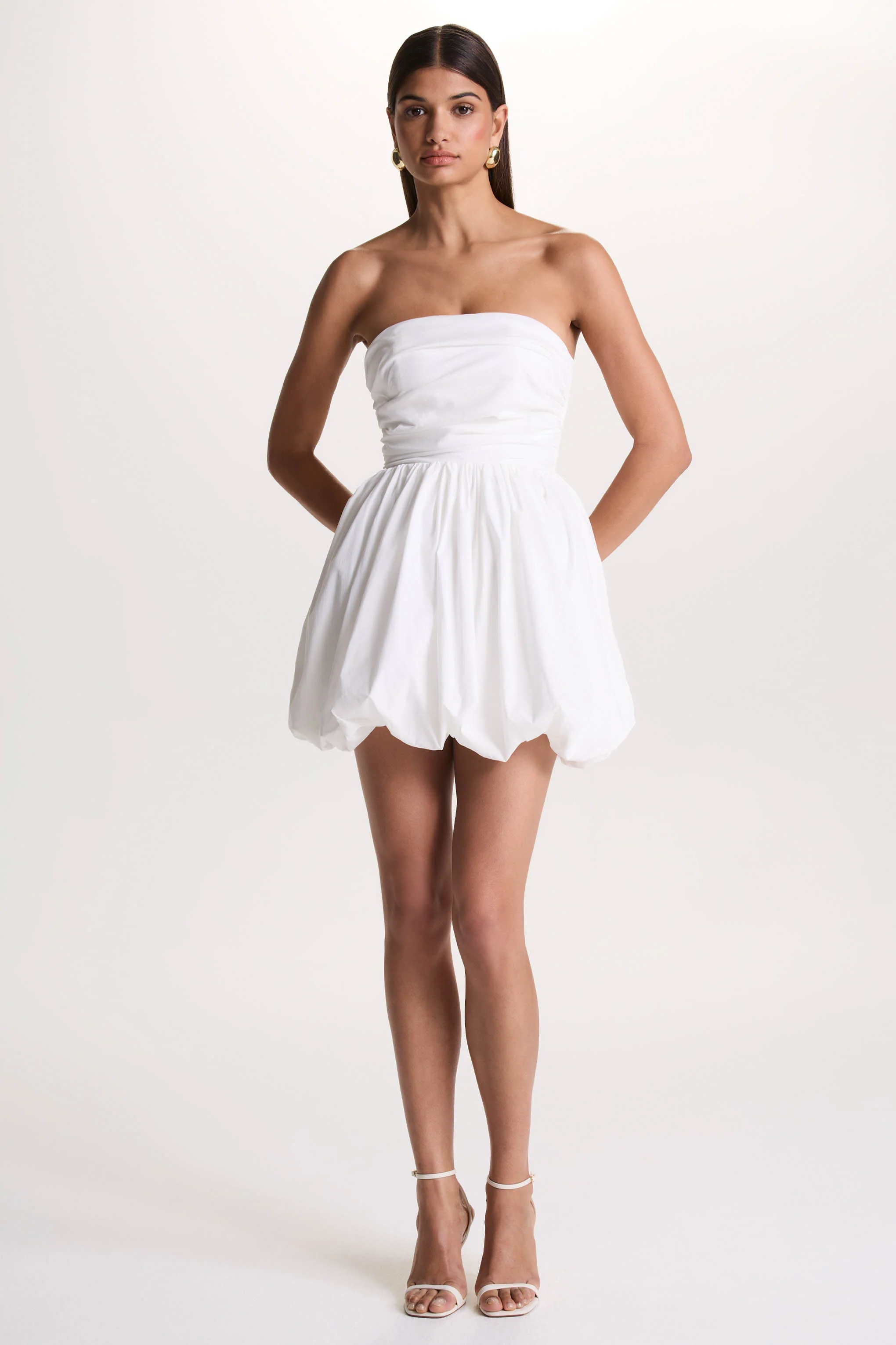 Faye | White Puff Ball Bandeau Micro Mini Dress With Ruching Details - Image 8