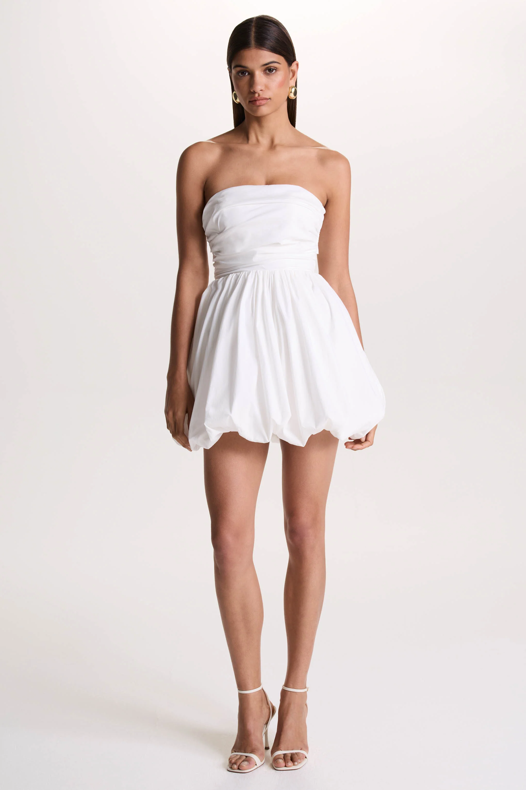 Faye | White Puff Ball Bandeau Micro Mini Dress With Ruching Details - Image 9