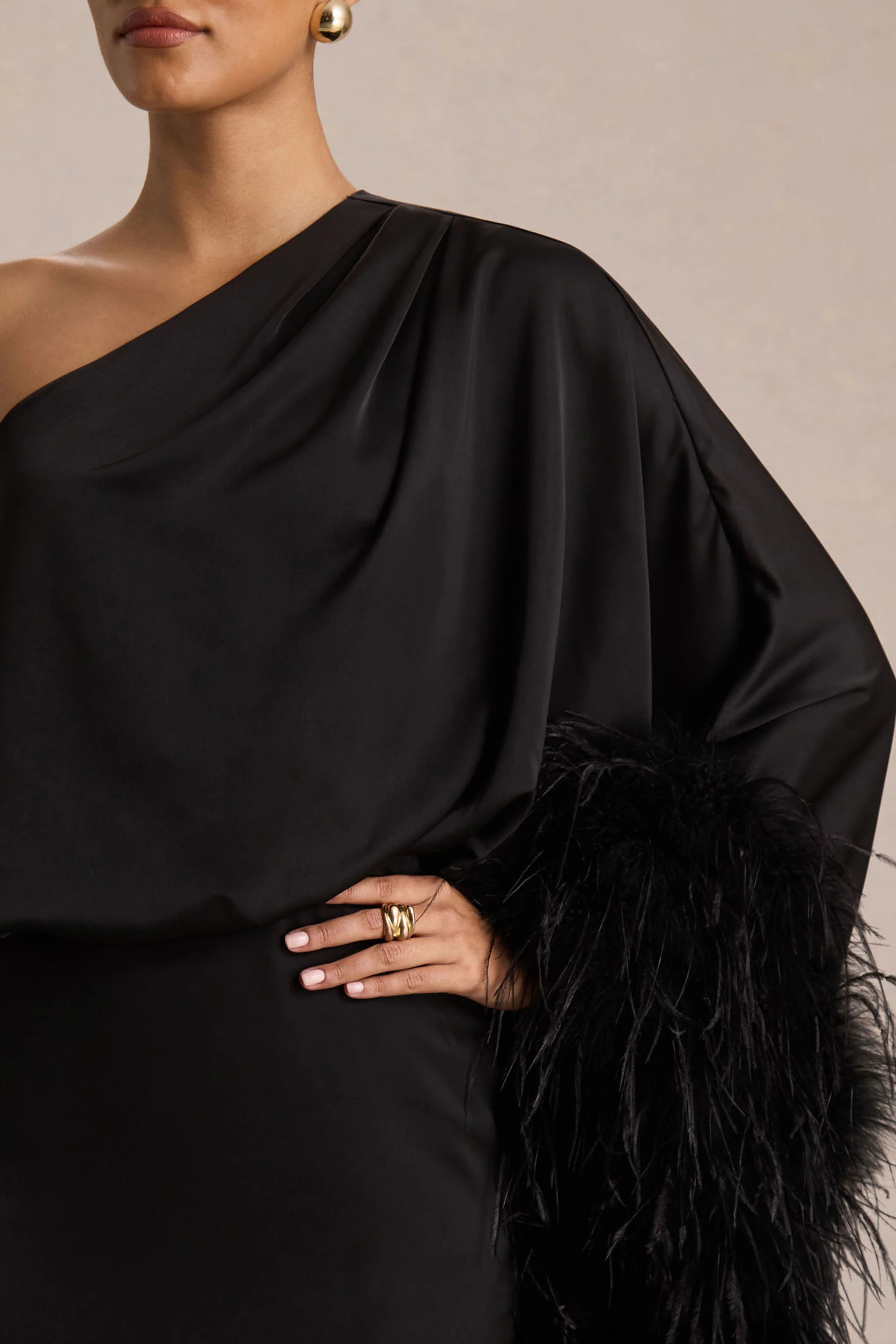 Felicity | Black Satin Asymmetric-Neck Maxi Dress With Feather Detailing - Image 3