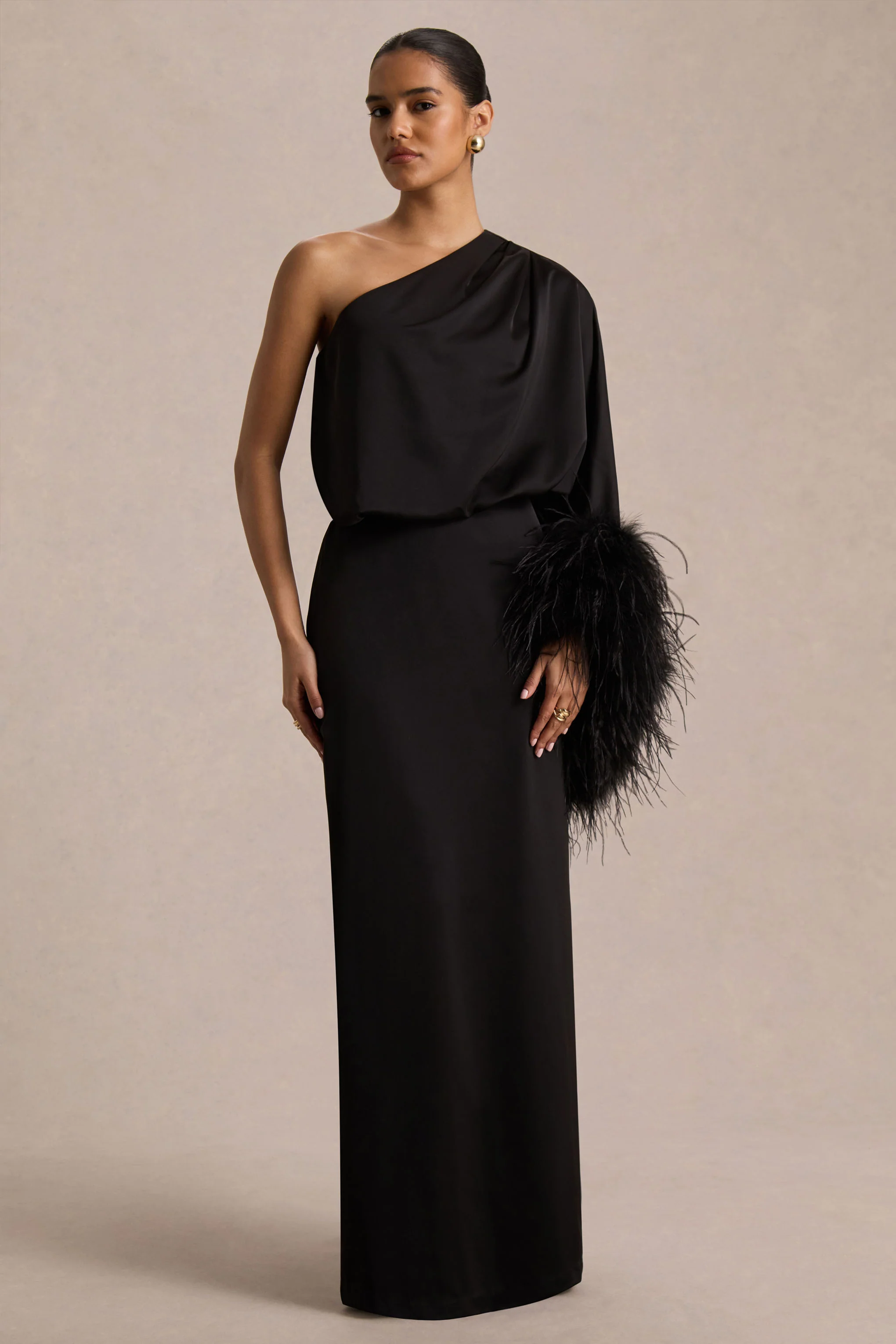 Felicity | Black Satin Asymmetric-Neck Maxi Dress With Feather Detailing - Image 4