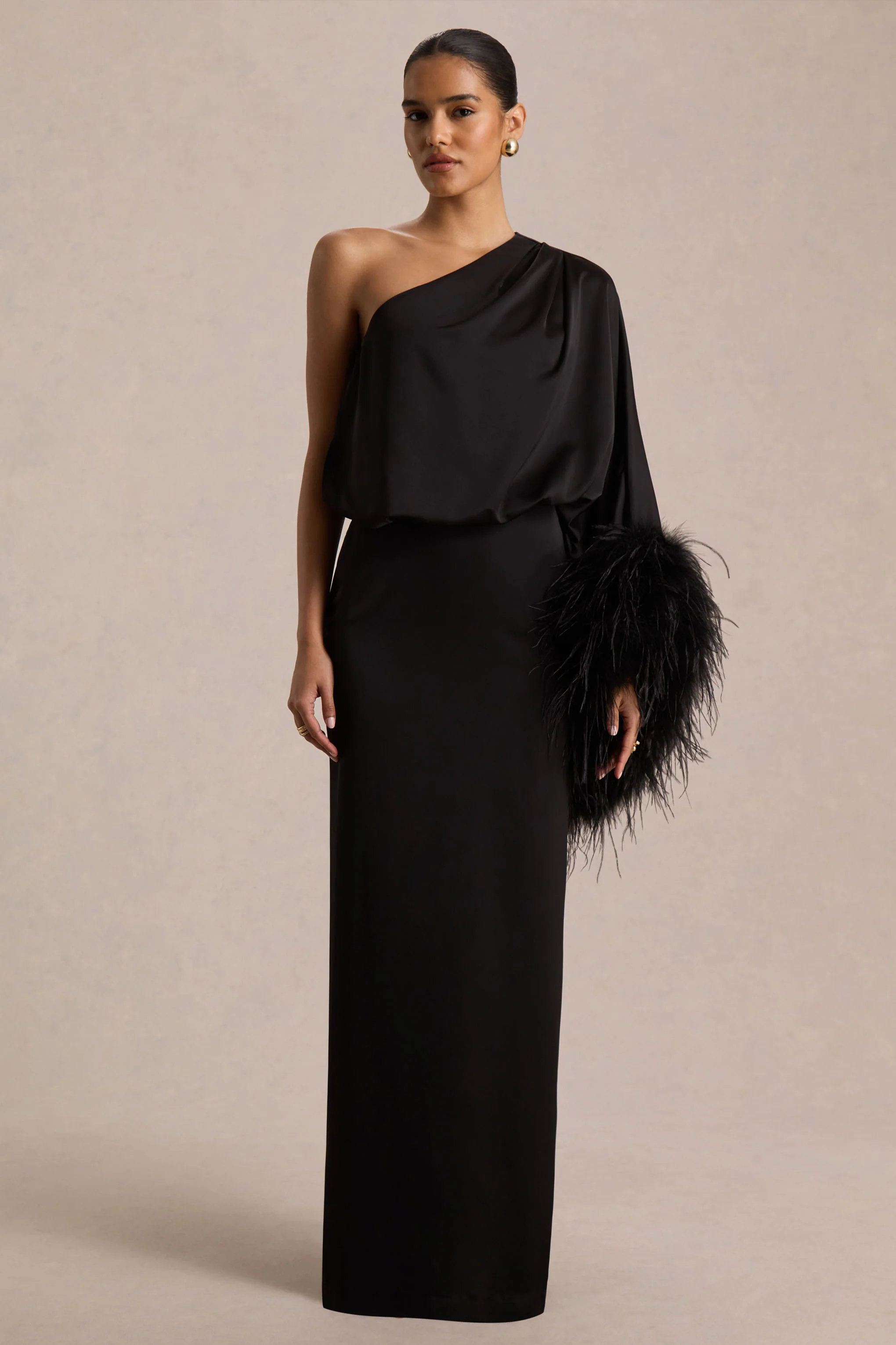 Felicity | Black Satin Asymmetric-Neck Maxi Dress With Feather Detailing - Image 5