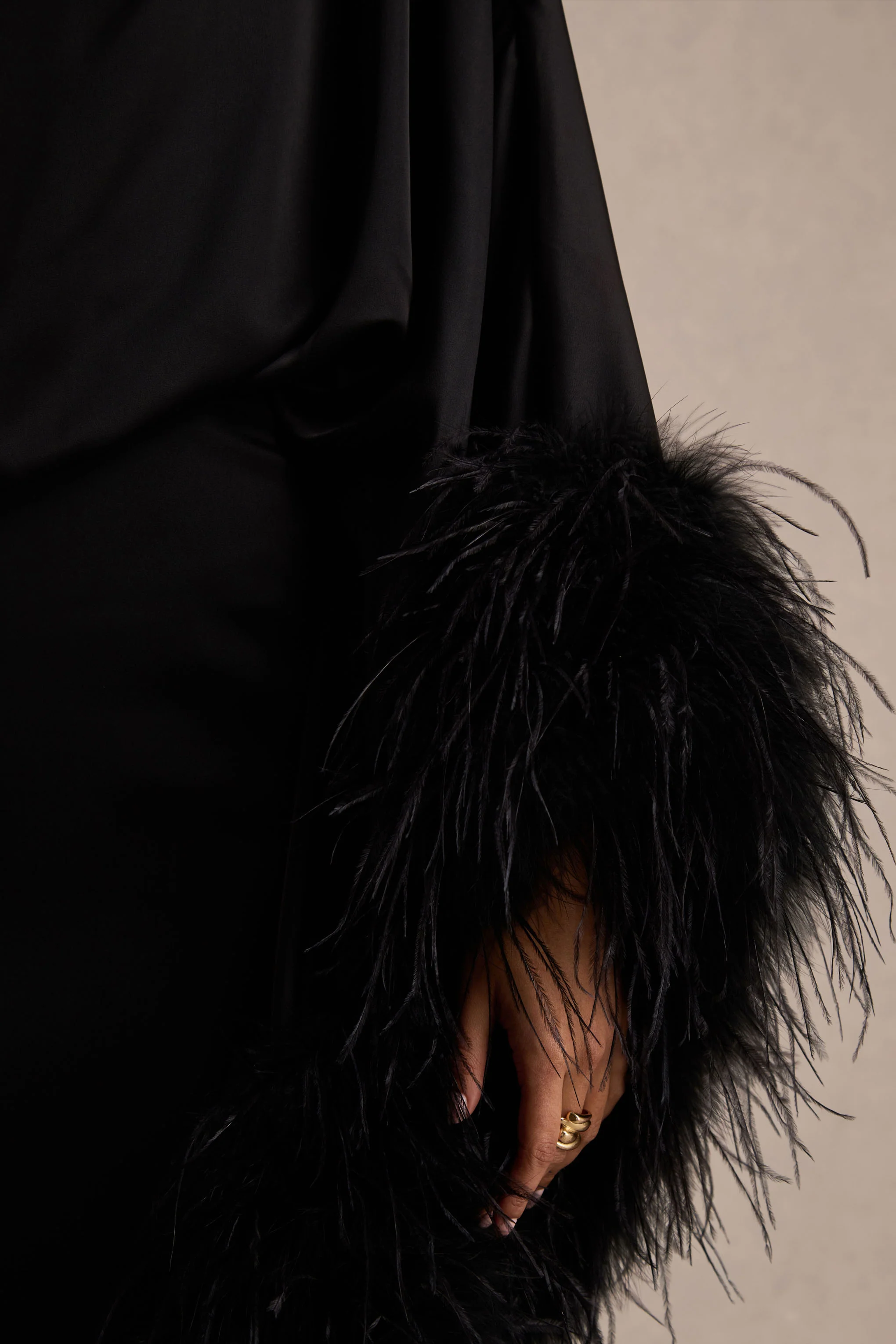 Felicity | Black Satin Asymmetric-Neck Maxi Dress With Feather Detailing - Image 6
