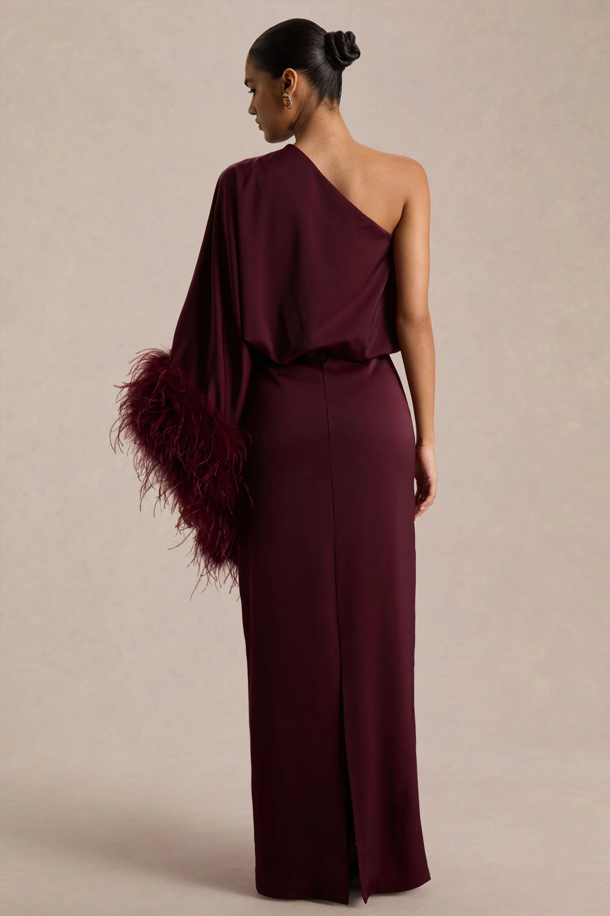 Felicity | Burgundy Satin Asymmetric-Neck Maxi Dress With Feather Detailing - Image 2