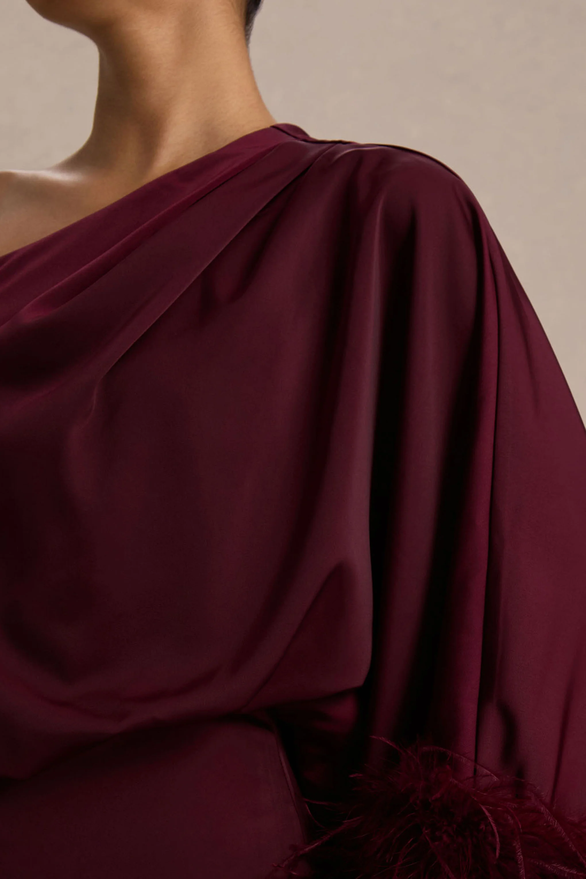 Felicity | Burgundy Satin Asymmetric-Neck Maxi Dress With Feather Detailing - Image 3