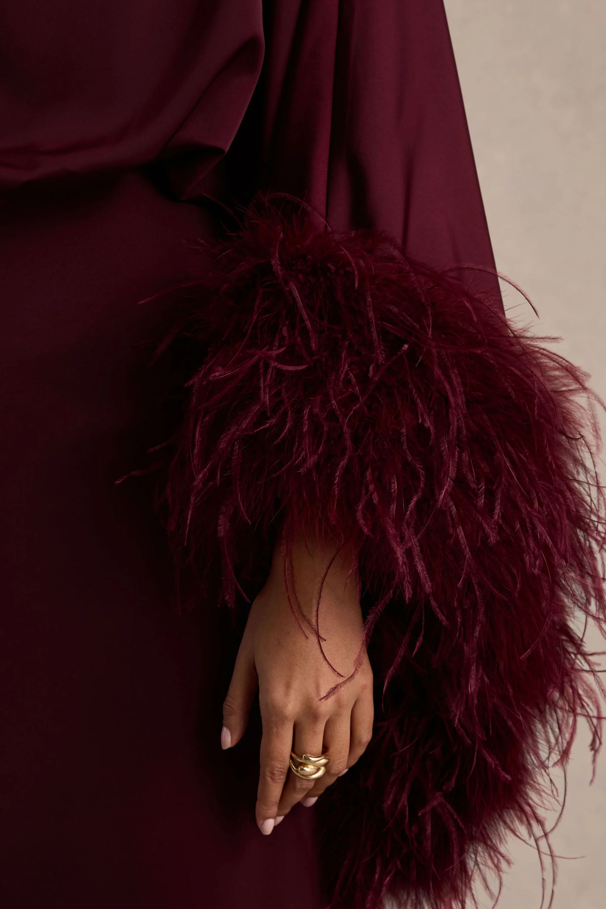 Felicity | Burgundy Satin Asymmetric-Neck Maxi Dress With Feather Detailing - Image 6