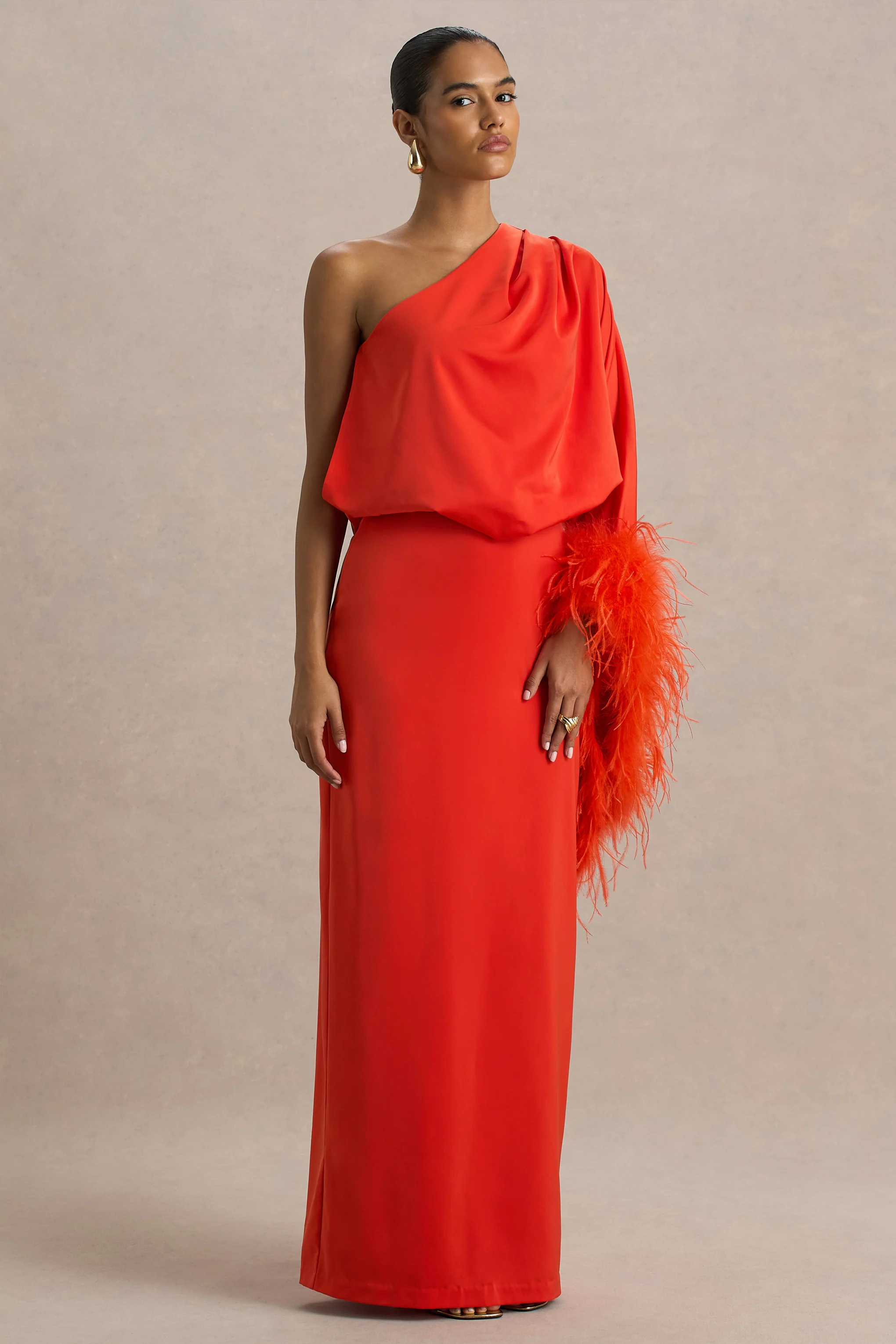Felicity | Orange Satin Asymmetric-Neck Maxi Dress With Feather Detailing - Image 3
