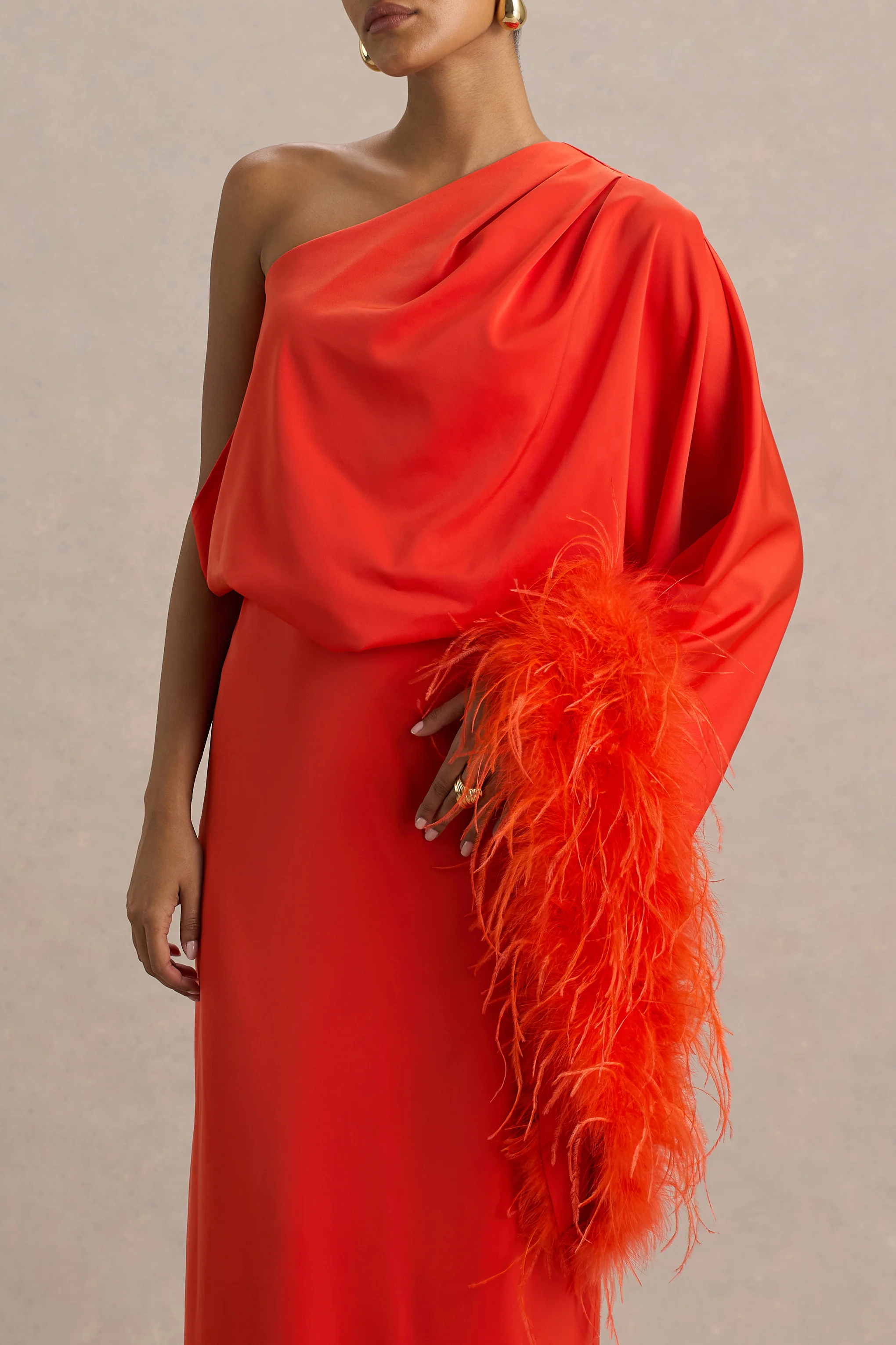 Felicity | Orange Satin Asymmetric-Neck Maxi Dress With Feather Detailing - Image 5