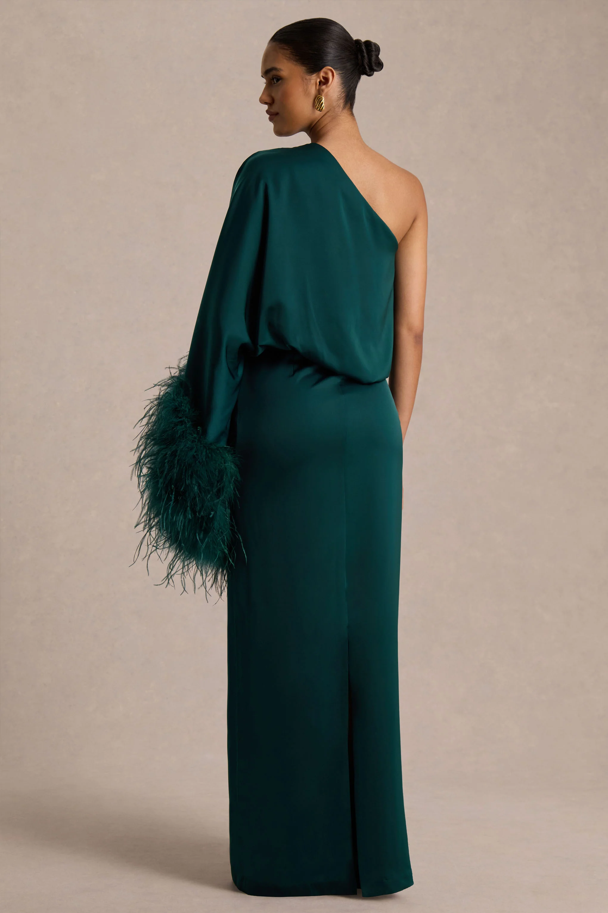 Felicity | Teal Satin Asymmetric-Neck Maxi Dress With Feather Detailing - Image 2