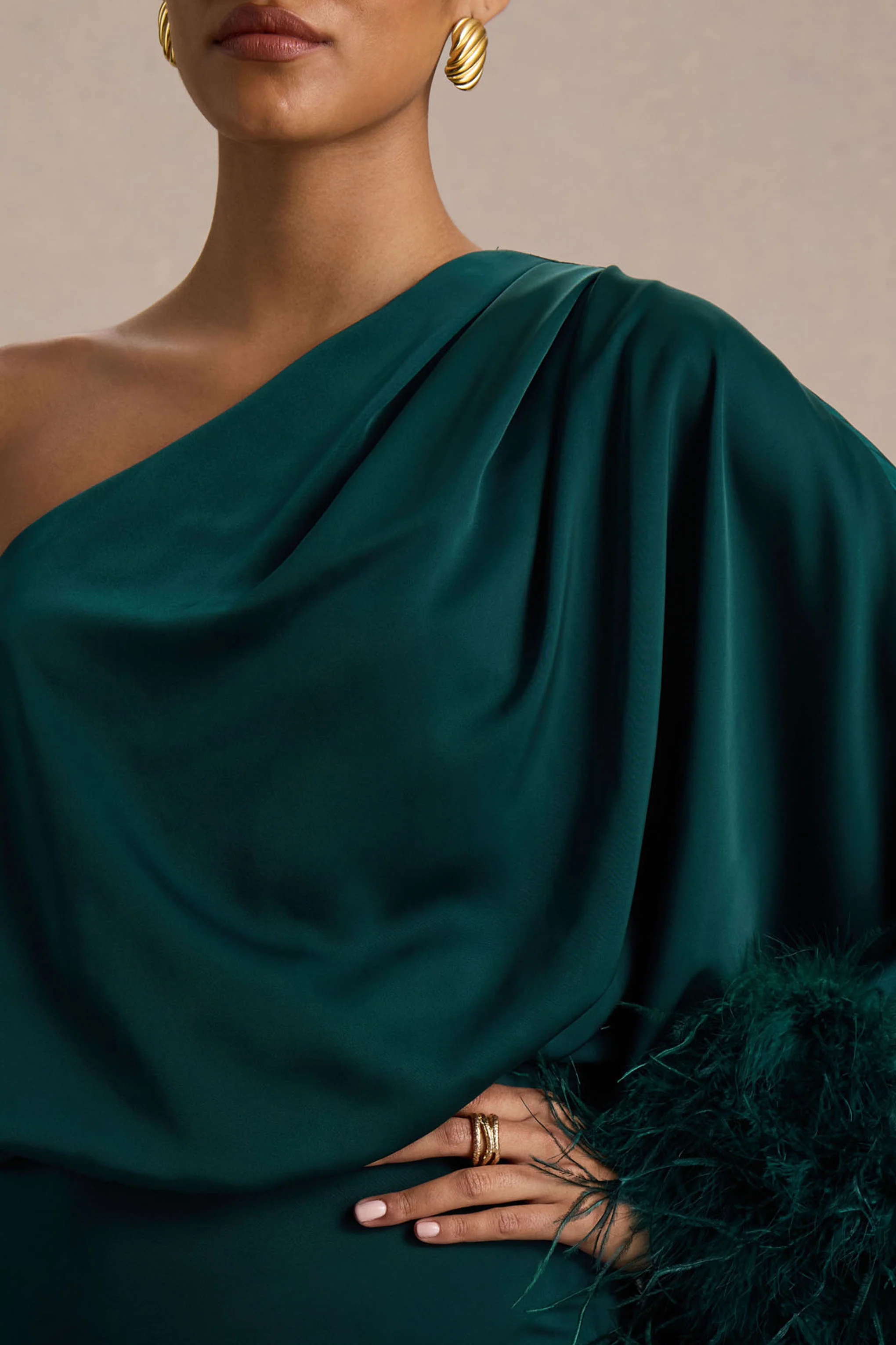 Felicity | Teal Satin Asymmetric-Neck Maxi Dress With Feather Detailing - Image 3