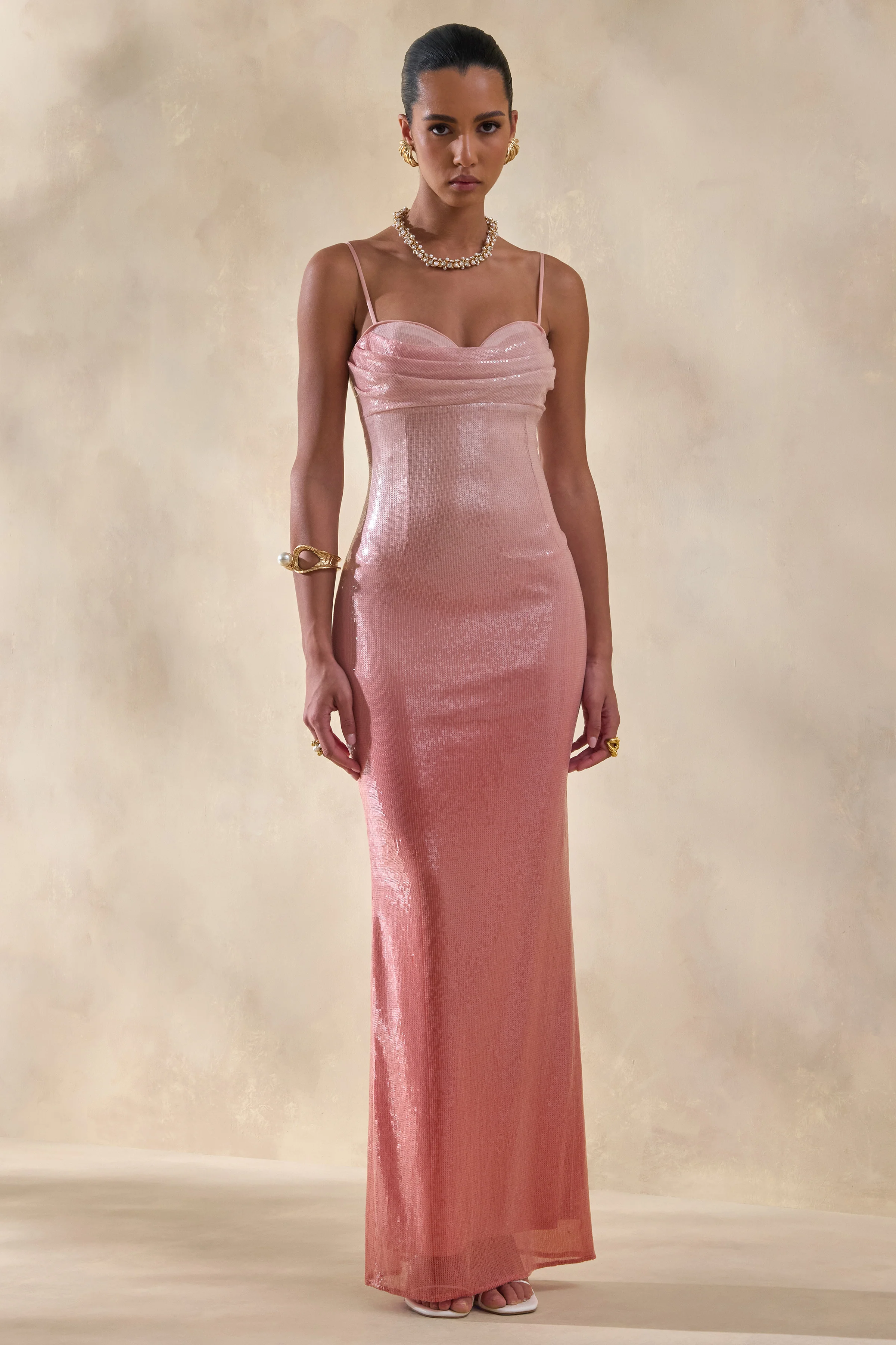 Feloria | Coral Ombre Sequin Cowl-Neck Maxi Dress - Image 4