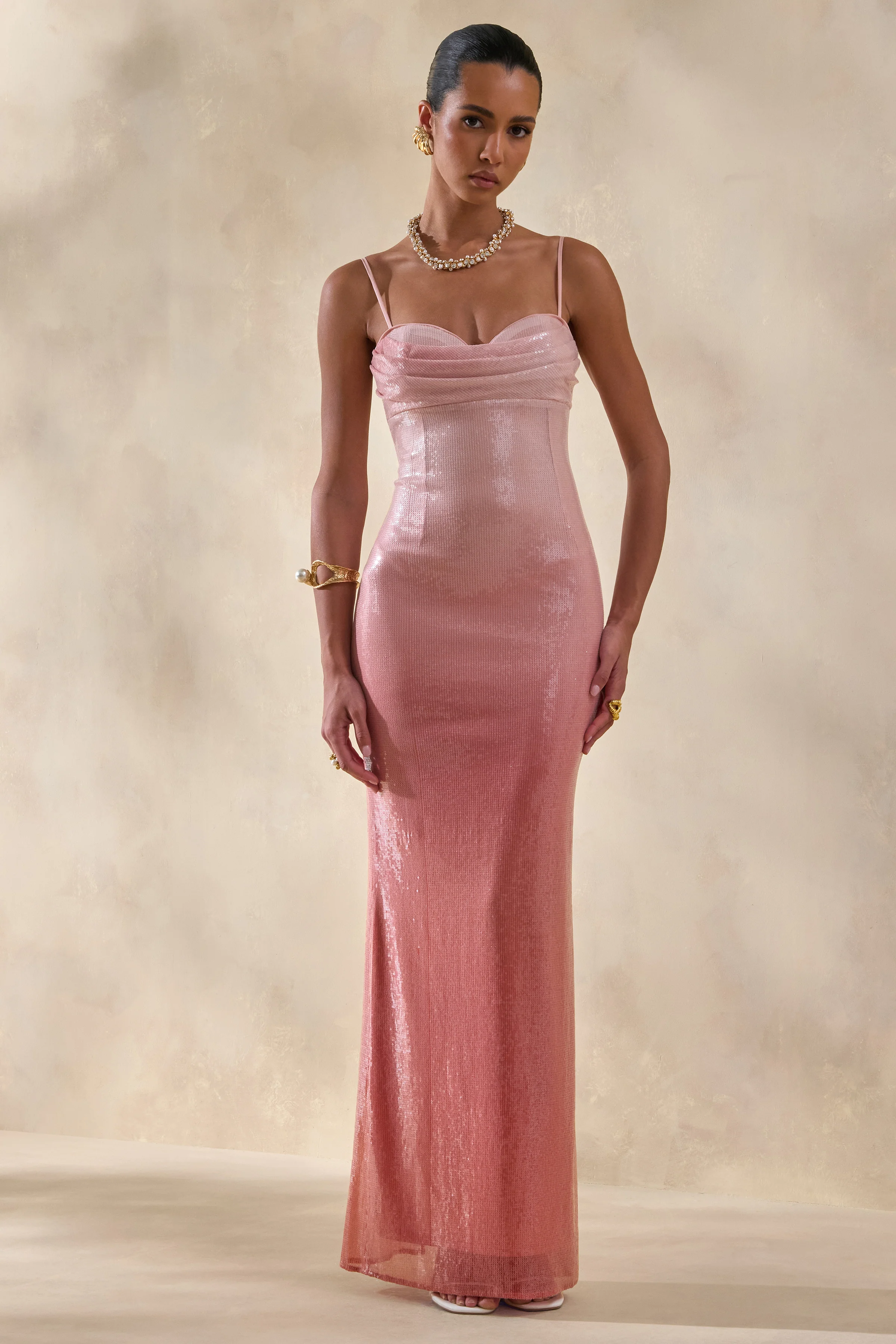 Feloria | Coral Ombre Sequin Cowl-Neck Maxi Dress - Image 5