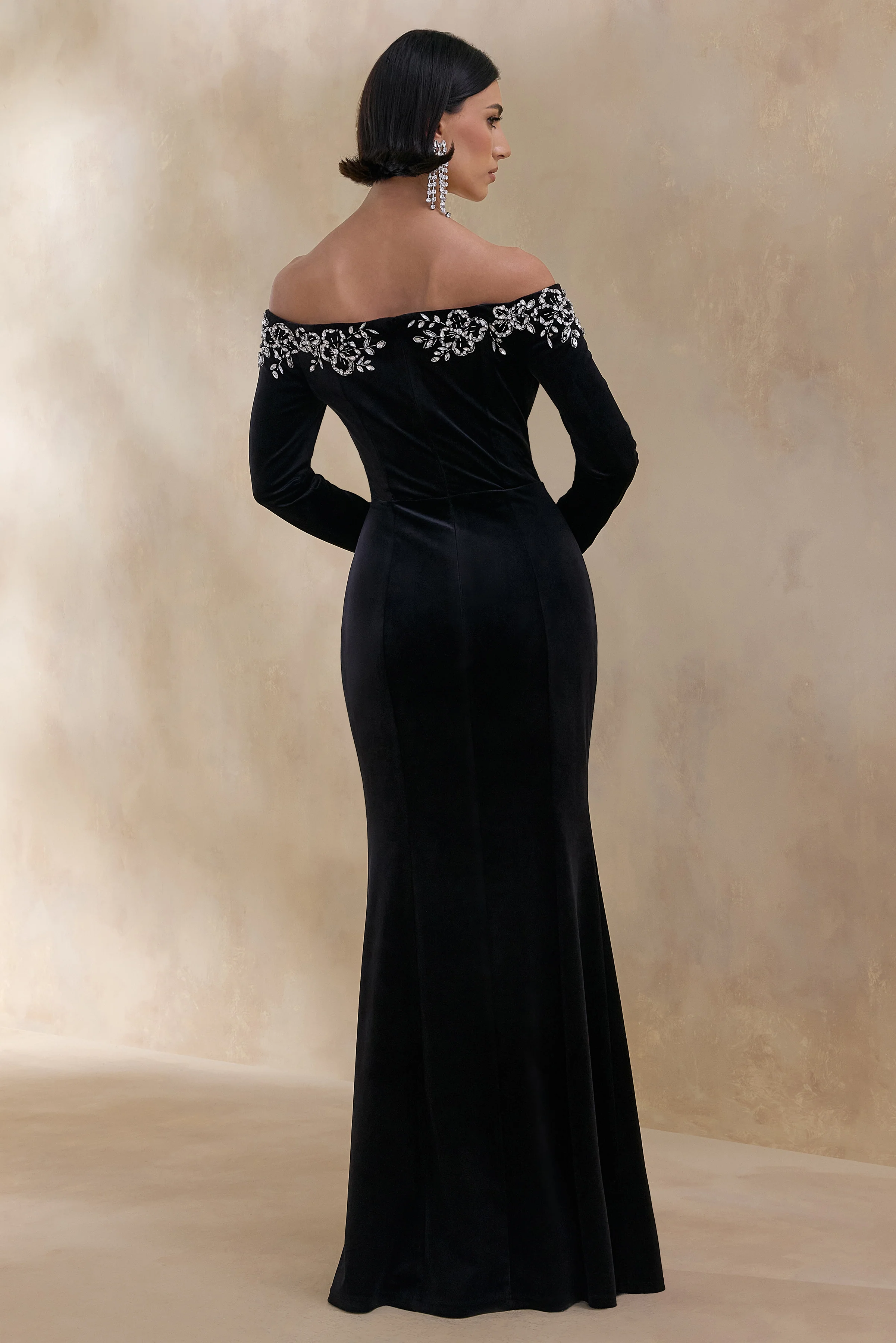 Fern | Black Velvet Embellished Bardot-Neck Maxi Dress - Image 2
