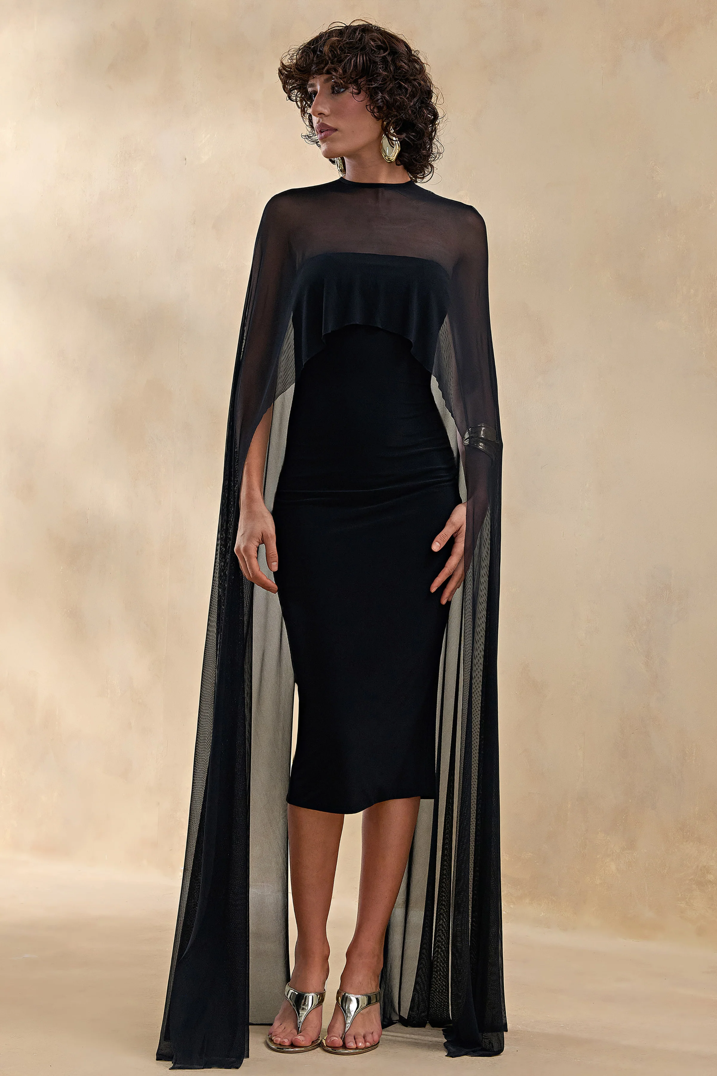 Filippa | Black Crew-Neck Midi Dress With Sheer Cape-Sleeves - Image 4