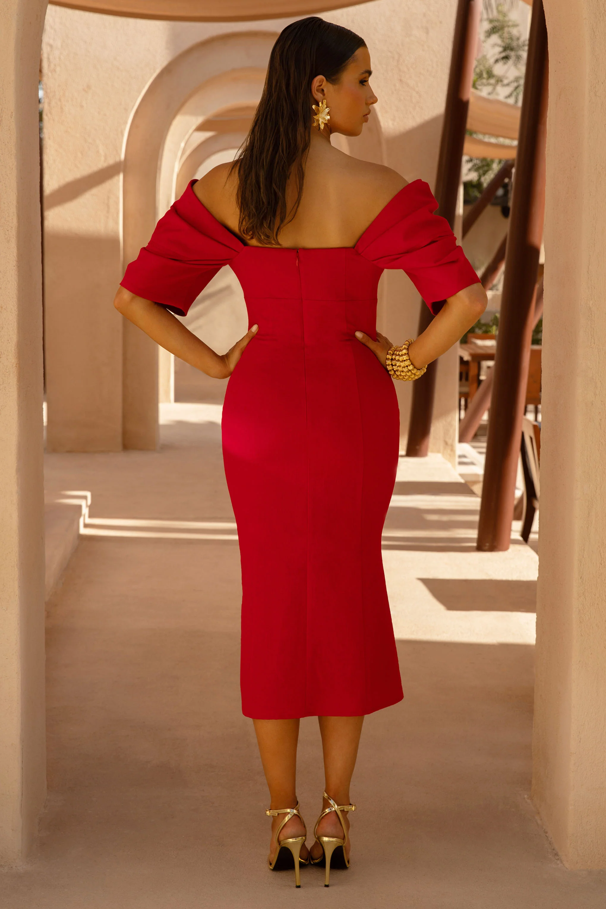 Fiona | Red Plunge-Neck Split Midi Dress - Image 3